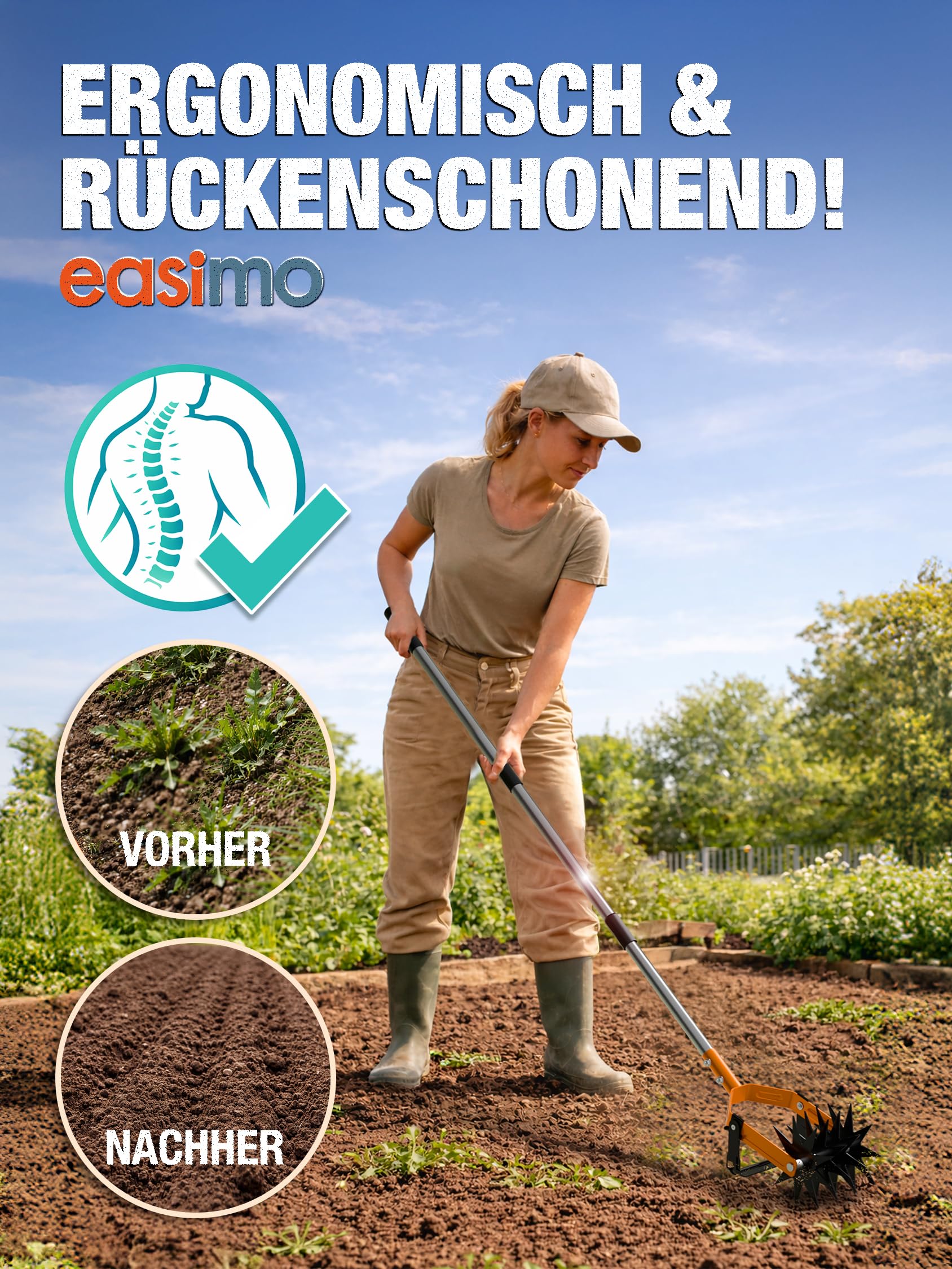 Rotationsgrubber Garten | Manueller Kultivator mit Sternrädern & Unkrautmesser | Verstellbarer Edelstahl Gartenfräse zur Bodenlockerung