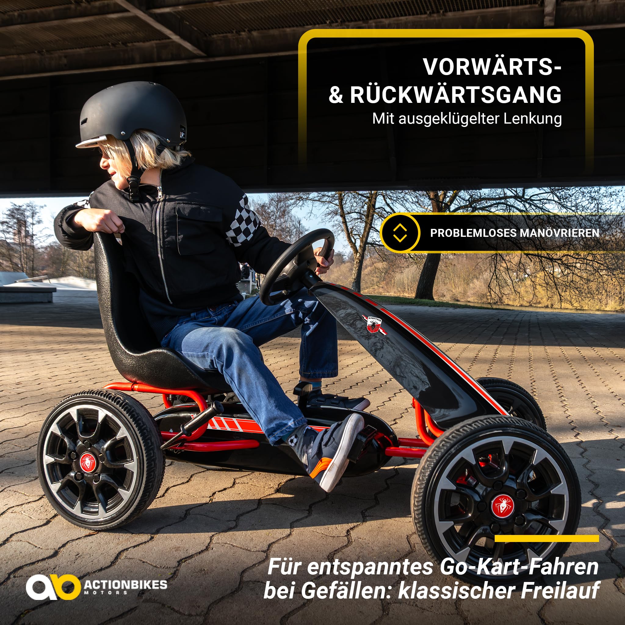 Actionbikes Motors GoKart FS Spider | 2-Rad Antrieb | Handbremse | Kettcar | Go Kart | Kinderauto | Go Cart | Kinder GoKart | Tretauto | Kart | Kinderfahrzeug | Auto für Kinder ab 3 Jahre (Schwarz)