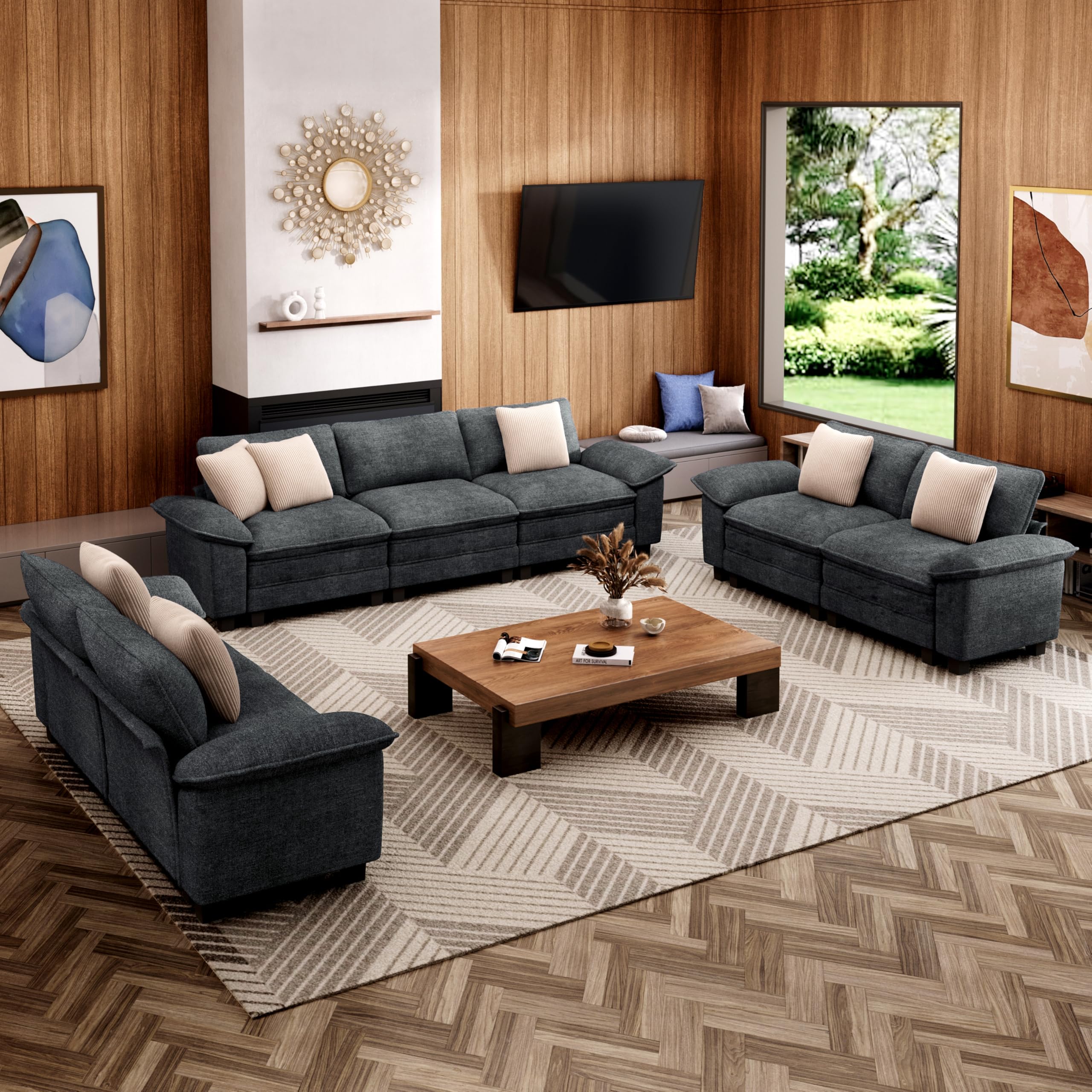 Cloud Couch Sectional Sofa Set Plush 24 4-Inch Deep 7-Seat Sectional with Velvety Chenille Removable Arms for Living