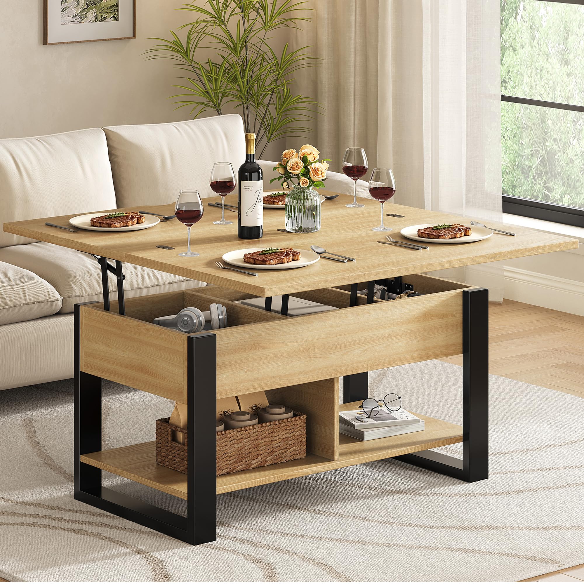 Hizyrina Lift Top Coffee Tables for Living Room, 4-in-1 Extendable Folding Top Coffee Table with Storage Shelves and Hidden Compartment, Convertible to Dining Table for Dining Room, Natural Oak