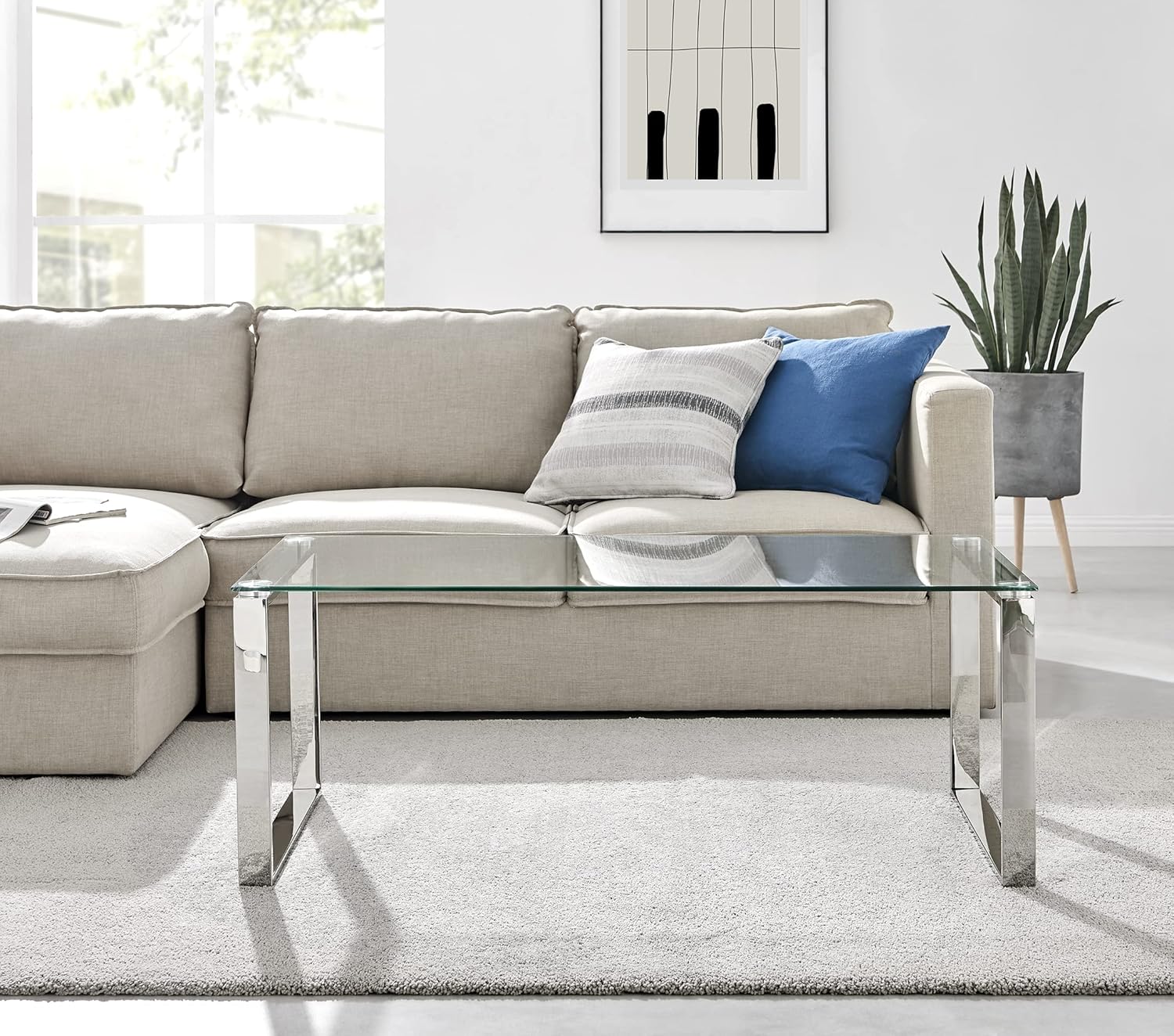 Furniturebox UK Miami Large Modern Clear Glass and Stylish Chrome Silver Metal Coffee Table - Luxury Minimalist Contemporary Living Room Furniture