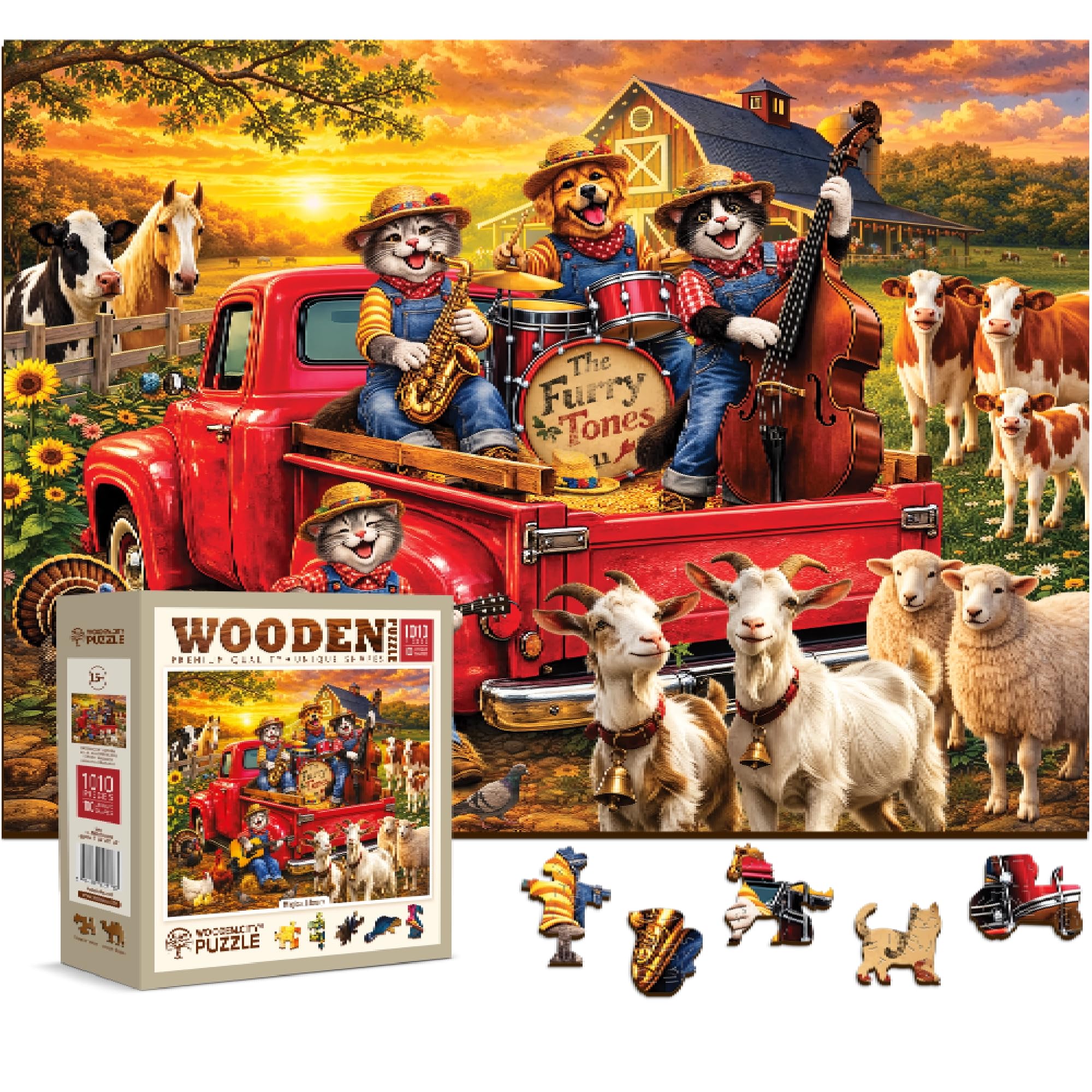 WOODEN.CITY 1000 Piece Wooden Jigsaw Puzzle for Adults, Fantasy Puzzle with Unique Whimsy Pieces, Premium Wooden Puzzle Gift - (Cat Band on the Farm)