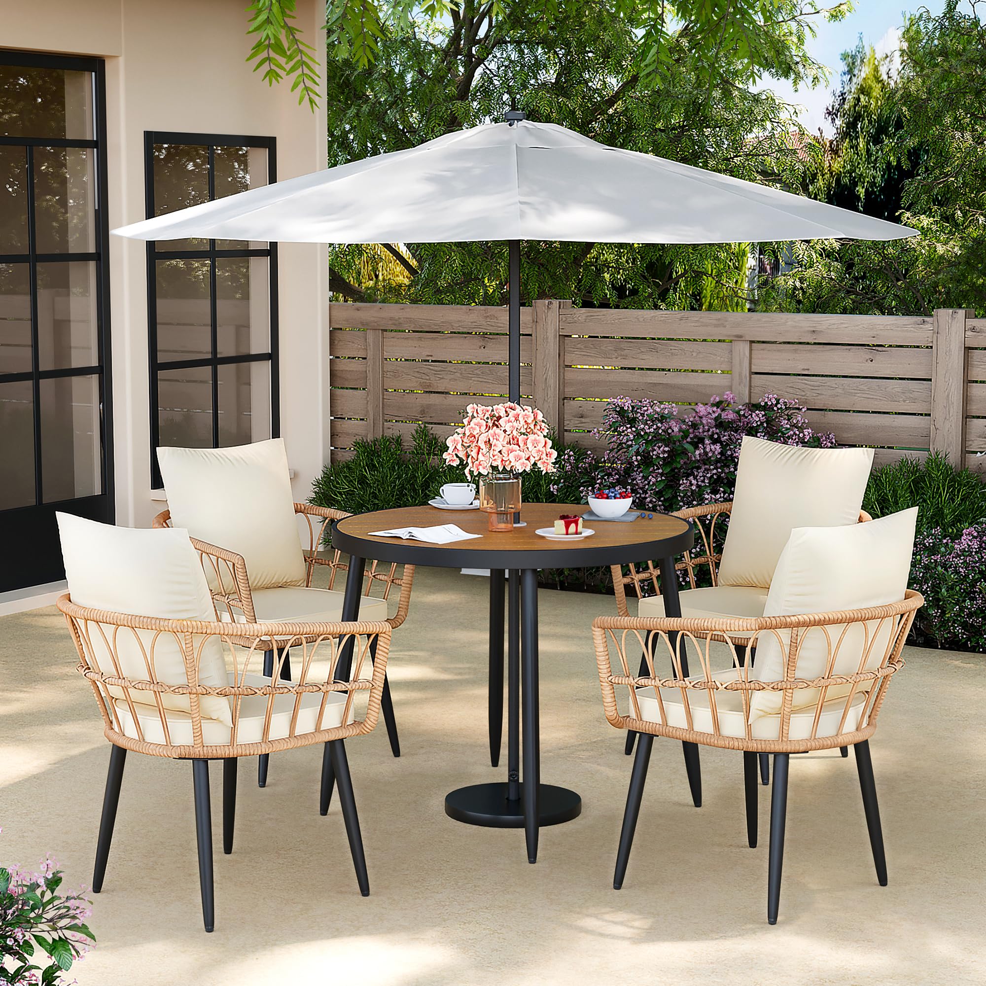Photo 1 of Pamapic 5-Pieces Patio Dining Set with Wood Table Top, All-Weather PE Rattan Patio Furniture Set, Outdoor Dining Furniture with Removable Cushion Chairs & Round Table for Garden Lawn Patio,Cream