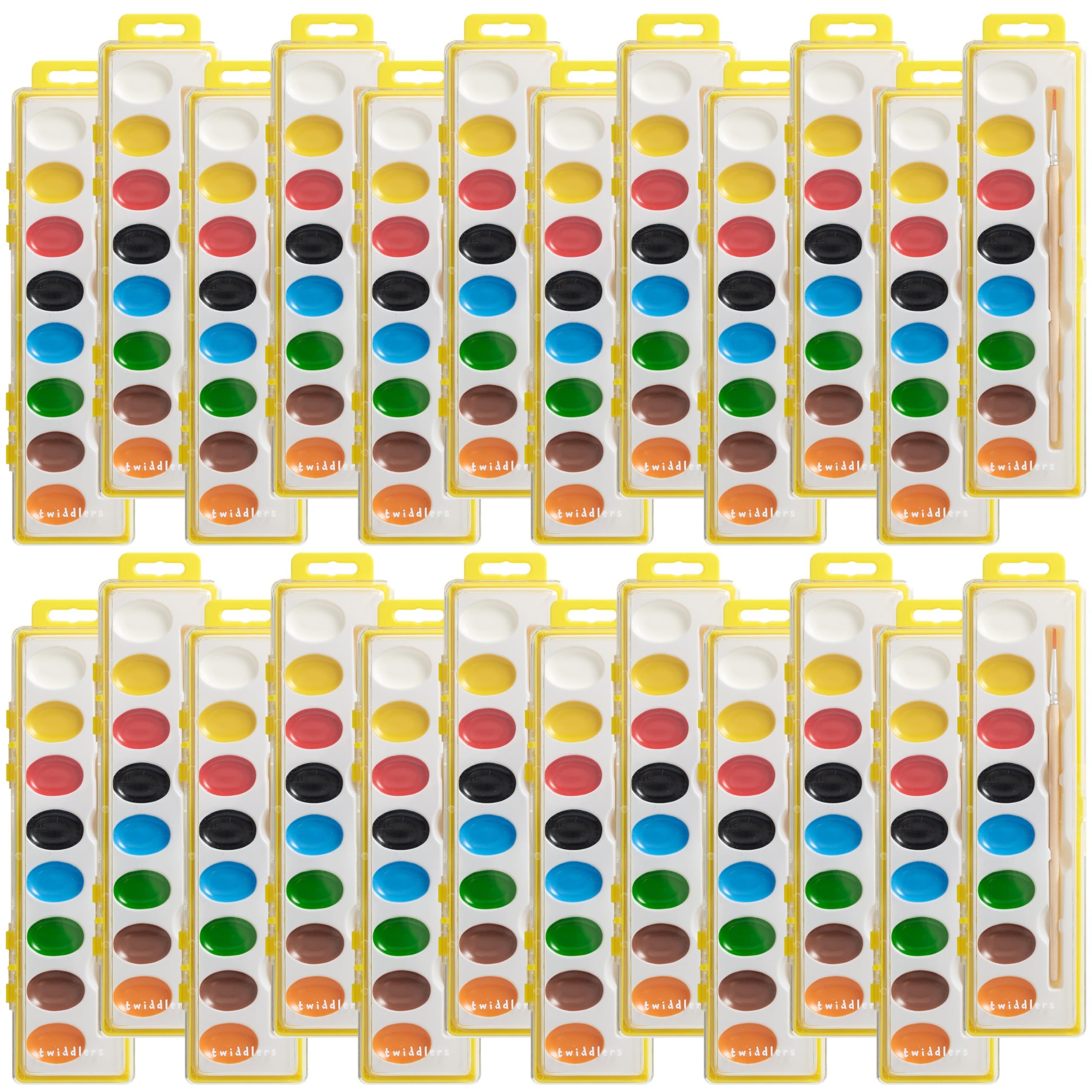 The Twiddlers 50 Pack - 50 Watercolour Paint Palette Sets, Individual Cases With Wooden Paintbrush & 16 Vibrant Colours, Just Add Water, Washable, Perfect Party Bag Fillers For Kids & Classroom Gifts