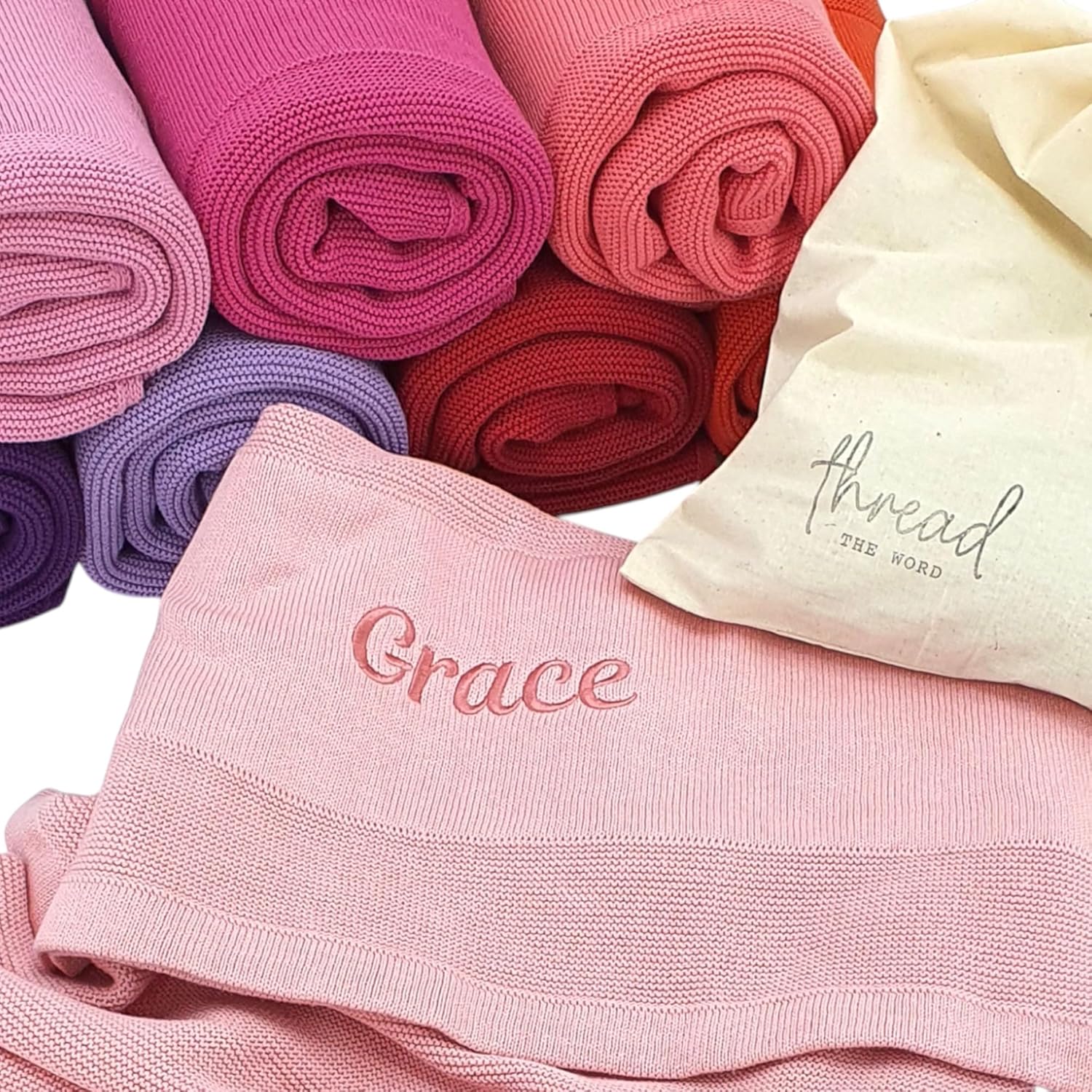 Personalized Baby Blanket - Embroidered Name, Made In the USA! 100% Organic Cotton, Knitted Baby Blanket, Customized with Name, Boys and Girls, Bassinet and Crib, Gift for Baby, Newborn, Toddler, Kids