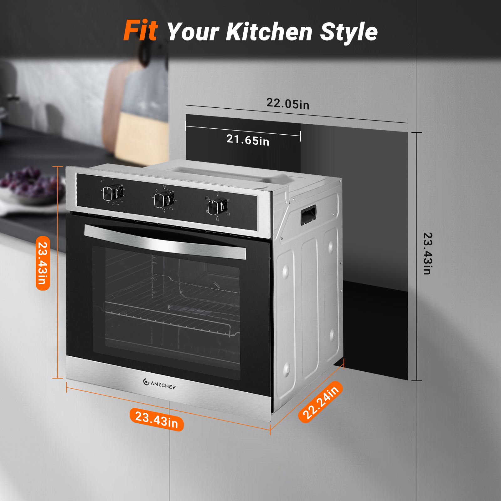 Image of AMZCHEF Wall Oven 24 inch Electric for Kitchen, 2.65 Cu.ft., 5 Cooking Modes | 2200W,360 ROTATING ROTISSERIE,Stainless Steel , Knobs Control, Timer, Built-in