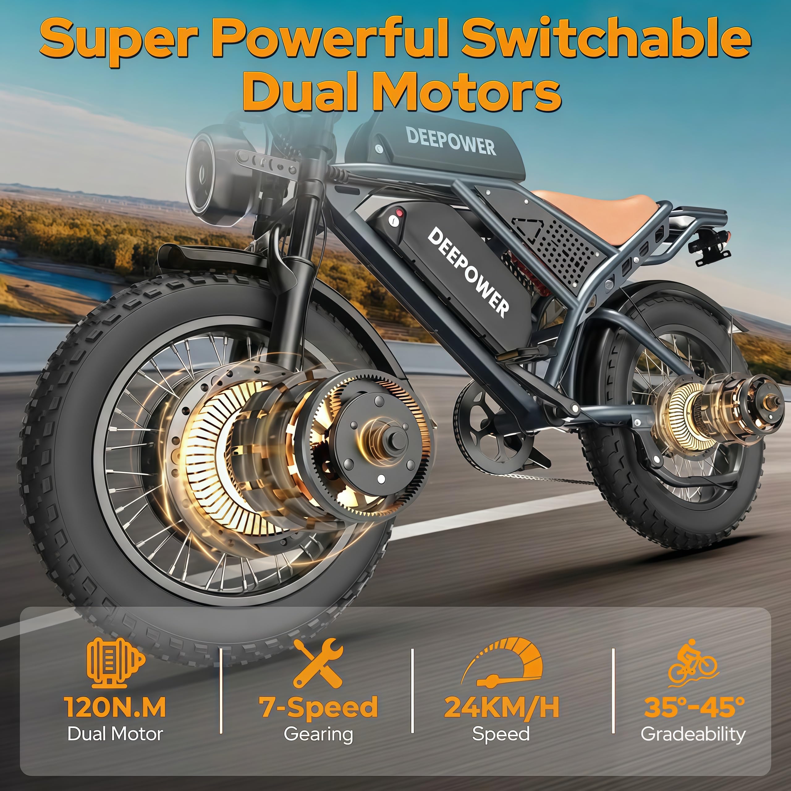 DEEPOWER S8 Bici Elettrica, 20" Bicicletta Elettrica, Doppio Motore, Doppia Batteria 48V 60Ah, Rimovibile, Autonomia di 160-190KM E-bike, Ammortizzatore Idraulico, 7-Speed Bicicletta Elettrica Uomo