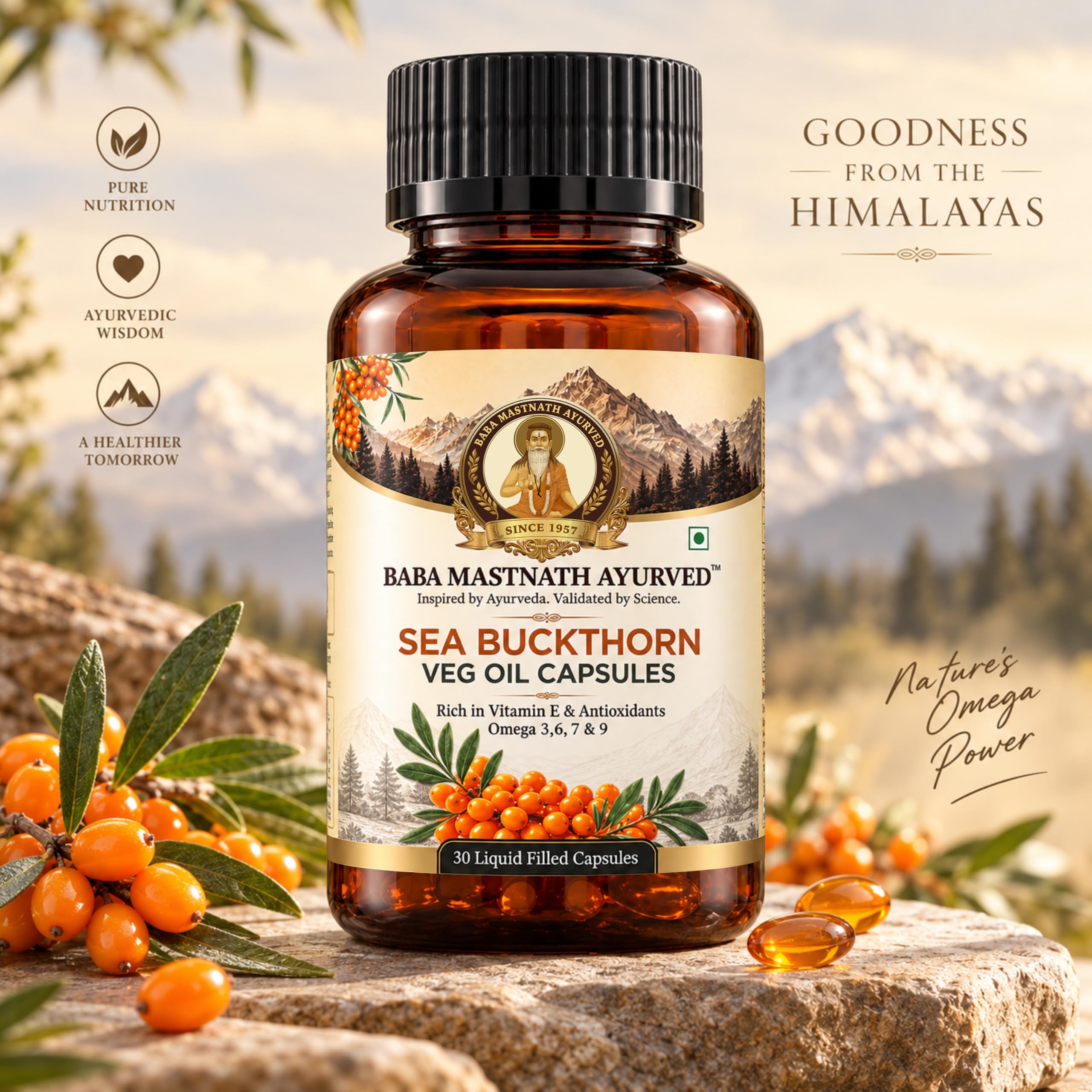 Baba Mastnath Ayurved Sea Buckthorn Berry Oil Veg Capsules 560 mg | Omega 7 | Omega 3 | Omega 6 & 9 | For Skin, Heart & Everyday Wellness | 30 Capsules — Amazon image 4