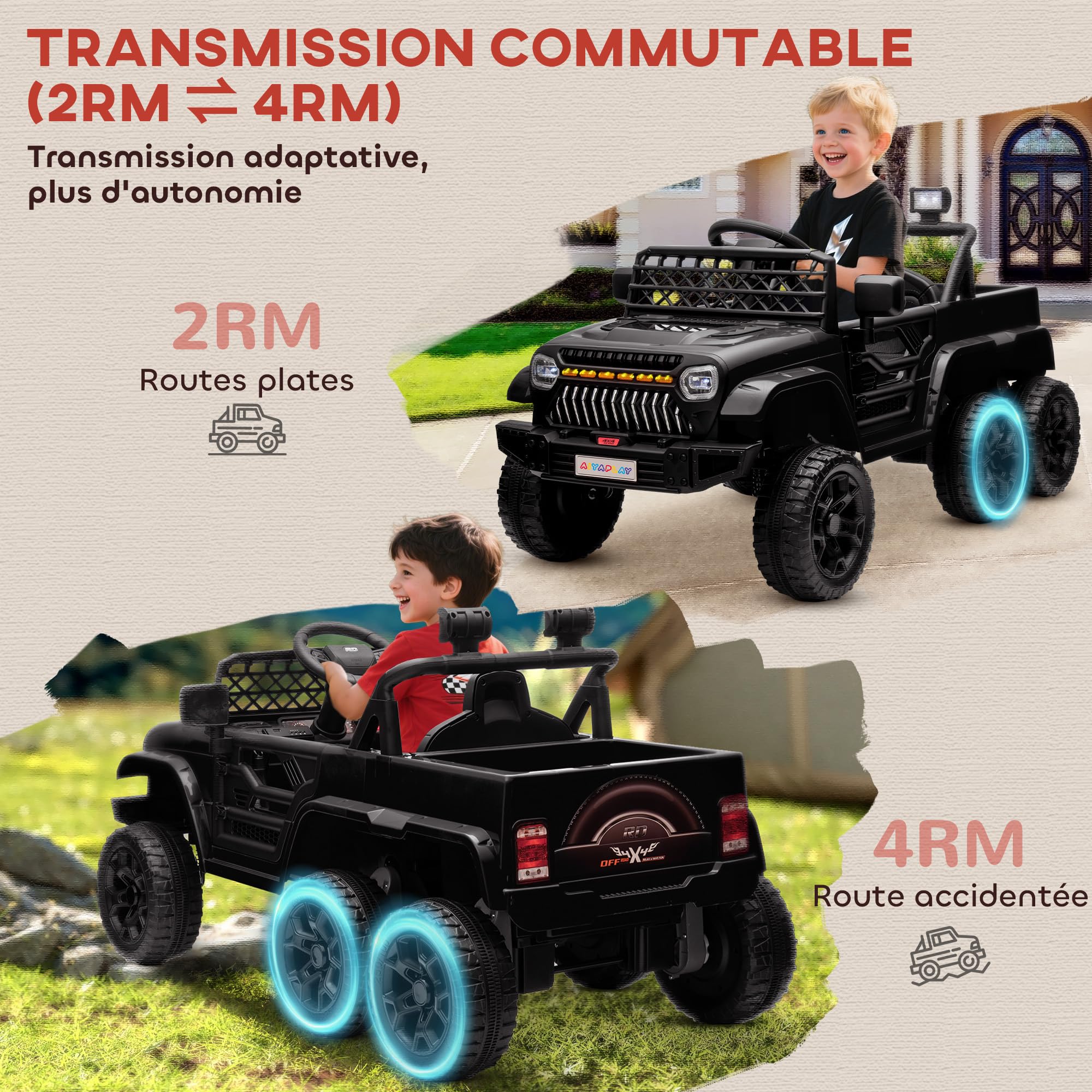 AIYAPLAY Samochód elektryczny dla dzieci 4 x 4 6 kół 2 silniki 122 x 62,5 x 65 cm czarny | Elektryczny buggy dla dzieci, tryby 4x4 i 2x2, pilot 2,4G, 12 V, 3 prędkości, przyczepa tylna, muzyka, światła LED