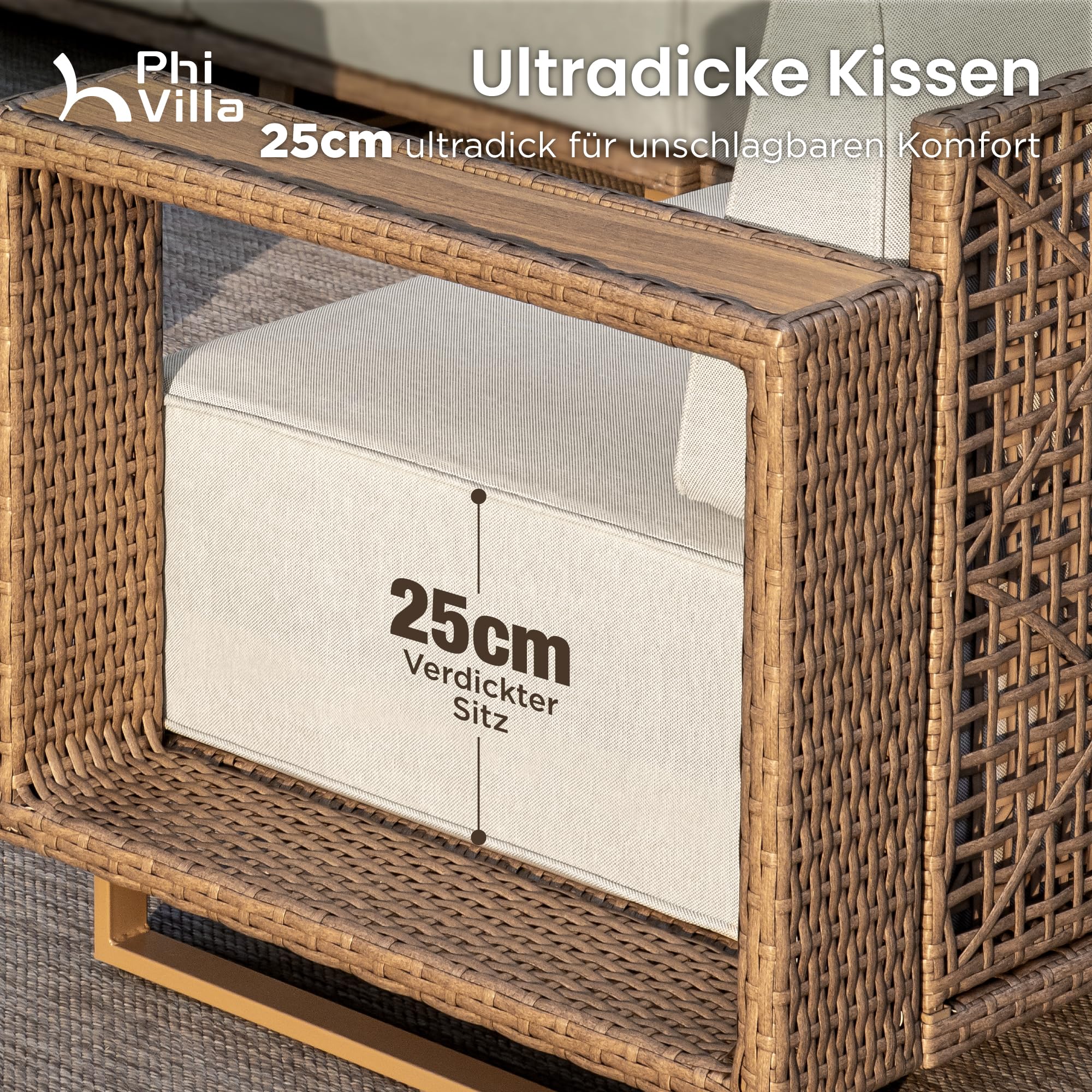 PHI VILLA Rattan Gartenmöbel Set Balkonmöbel für 4, Lounge Möbel Outdoor Sofa Sets für Garten und Terrasse, Allwetter Gartensofa Terassenmöbel Außen mit Dicken Weißen Kissen und Couchtisch