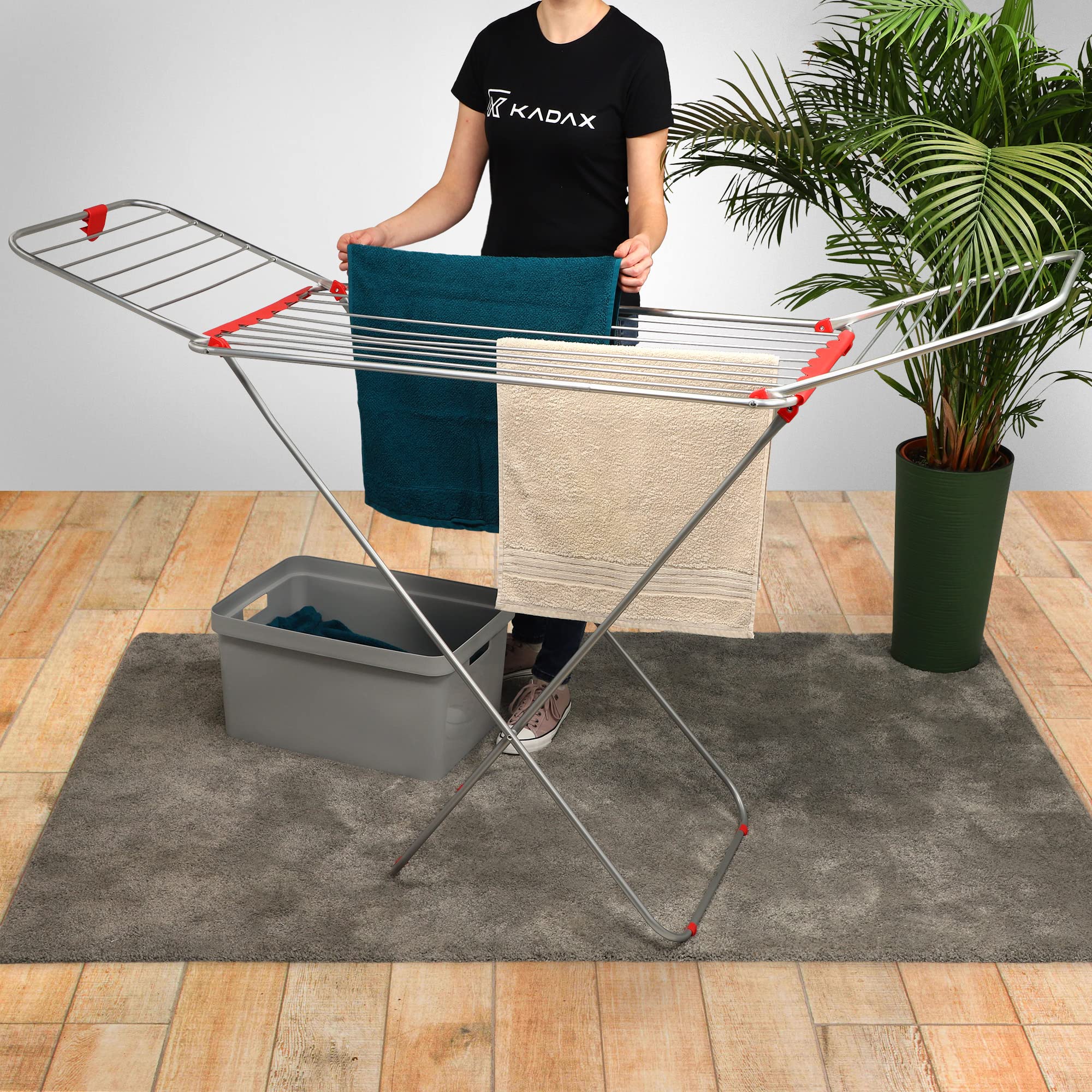 KADAX - Stendibiancheria estensibile, per interni ed esterni, con ali, 18 m di superficie di asciugatura, per giardino, balcone, terrazza e per la casa, pieghevole, in alluminio, stabile, leggero