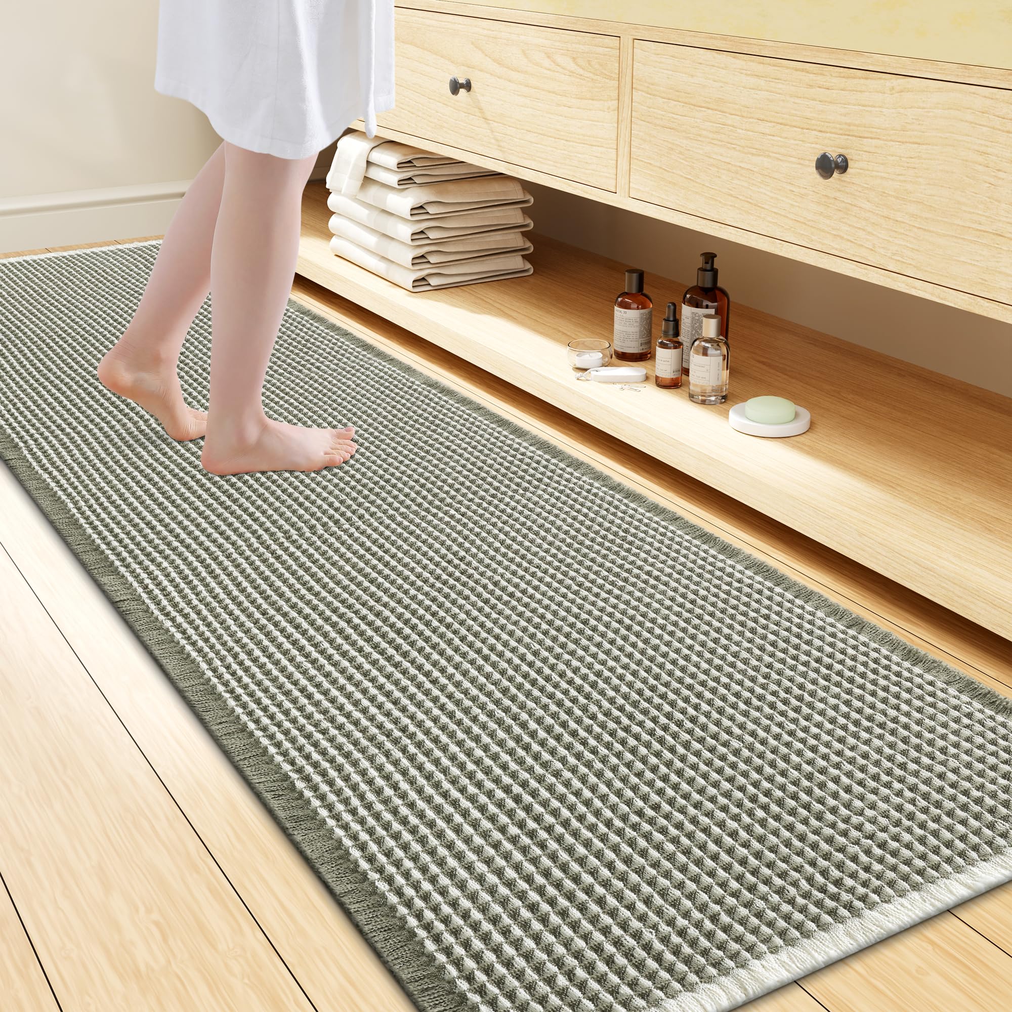 Smiry Waffle Bath Mat 72X24, Soft Absorbent Bathroom Rugs, Green &amp; Cream