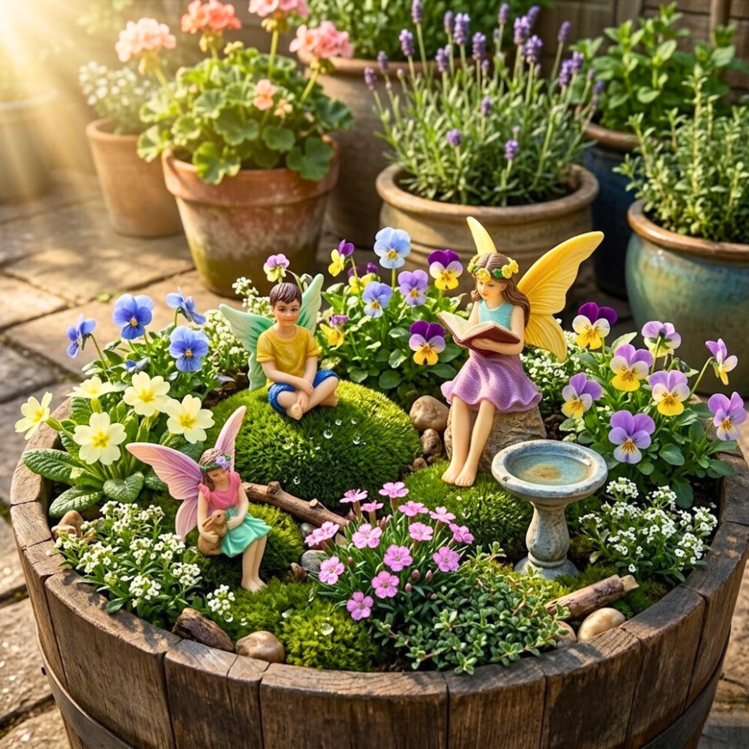 PRETMANNS Kit de casa de jardín de Hadas - Completo con Accesorios, casa de 20 cm de Alto con Puerta Que se Abre y Hadas para Jardines al Aire Libre - 4 Piezas
