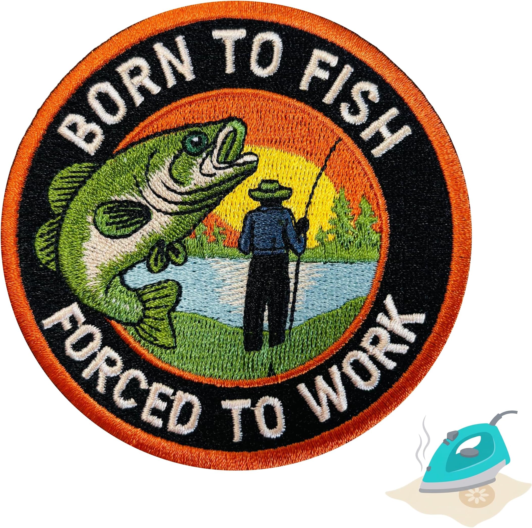 Born to Fish Forced to Work Meme Embroidered Iron On Patch 3.5" | 1-Pack | Iron On Or Sew On Only, Jeans Jackets Backpacks Hoodies, Embroidered Applique, Funny Fishing