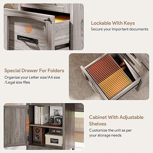 Vista 4 de Escritorio ejecutivo de granja en forma de L con cajones, escritorios de oficina en casa de 67 pulgadas con estación de carga rápida, archivador