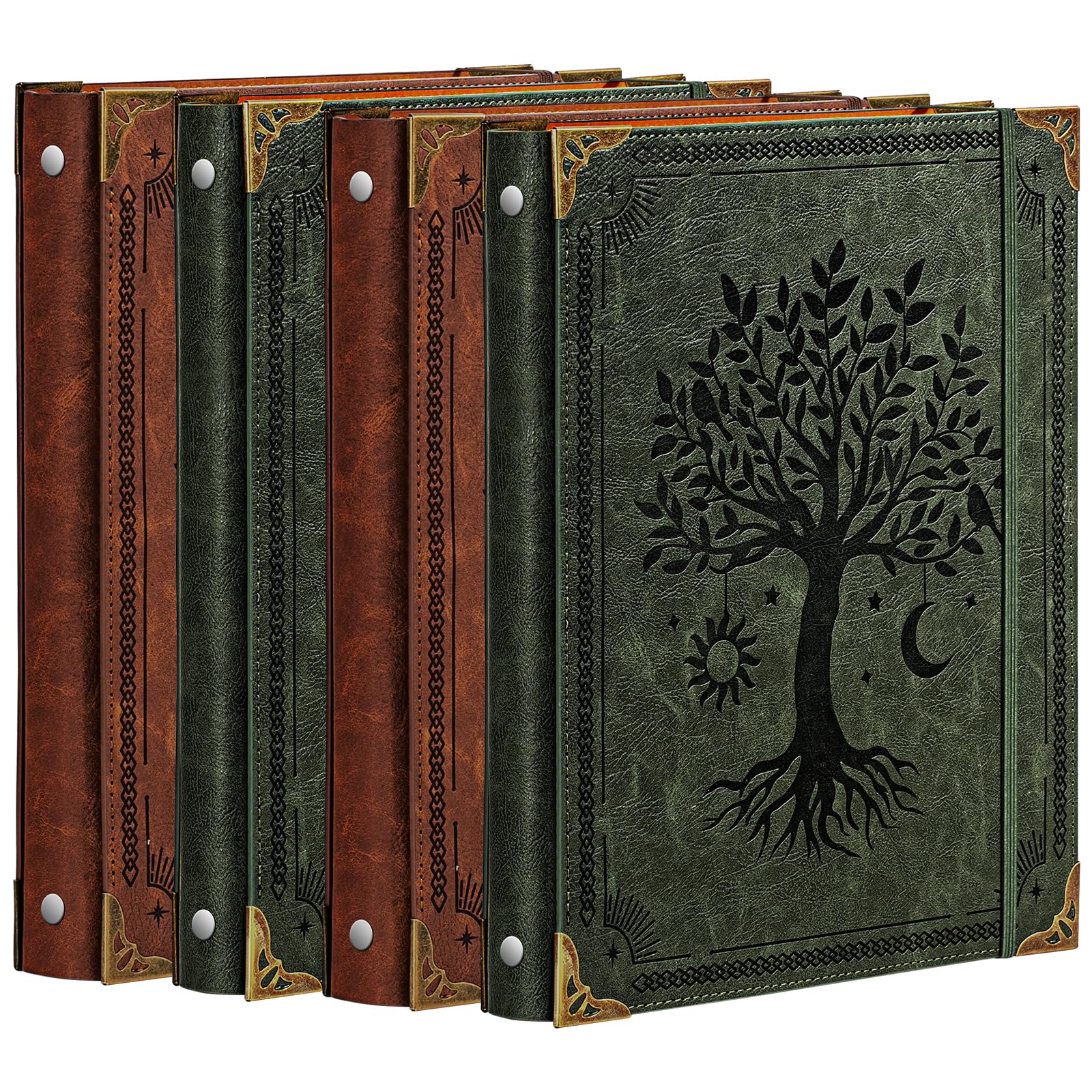 4 Pcs Ovesmusl Leather 3 Ring Binder Fits 8.5"x11" Letter Size Paper, 1 Inch Round Ring Binder Holds 200 Sheets, Notebook Cover Loose Leaf Organizer, Green & Brown