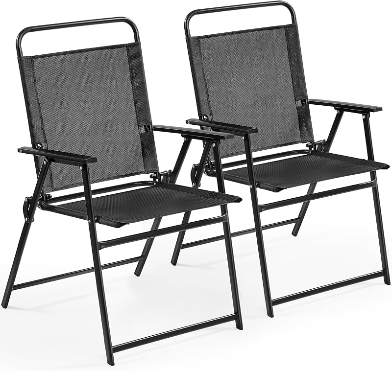 Outdoor Patio Chairs Set of 2, Folding Lawn Chair, Black | All-weather Texteline folding dining chairs, no assembly needed. Built-in carry handle. Great for patio, lawn & deck.