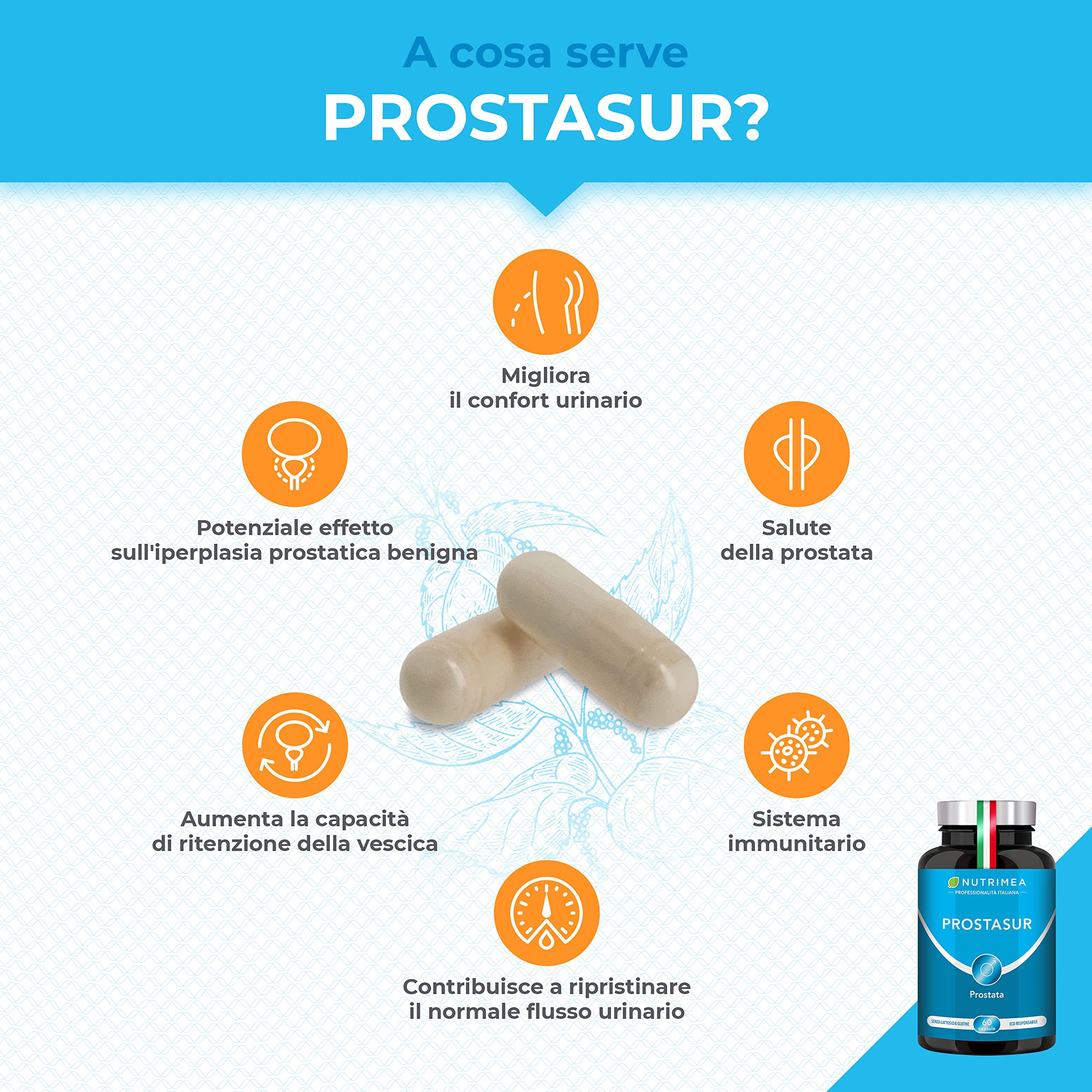 Prostasur | Integratore con Serenoa Repens 380 mg (Saw Palmetto), Urtica Diocia, Pygeum Africanum e Zinco | Salute della Prostata e delle Vie Urinarie | 60 Capsule | 1 Mese di Trattamento