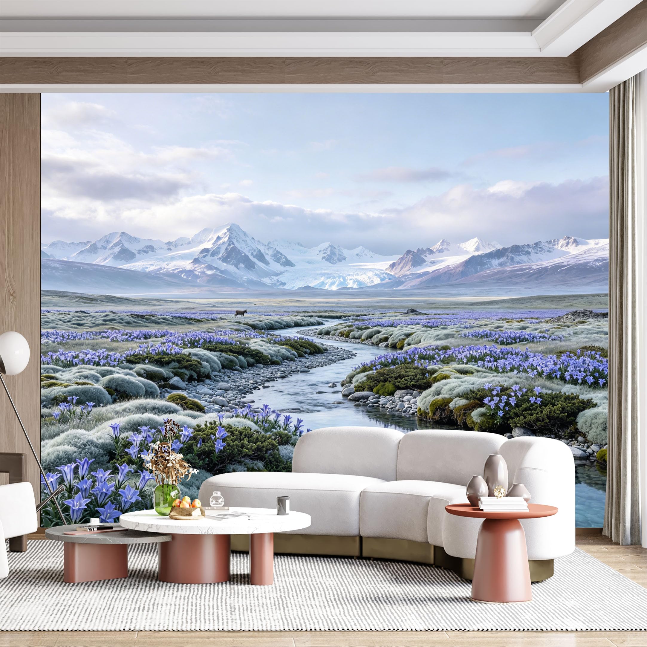 Custom Size Wall Mural Mountain Landscape Floral Meadow Stream Waterfall Panoramic SelfAdhesive Wall Fabric Removable for Home Office Decor