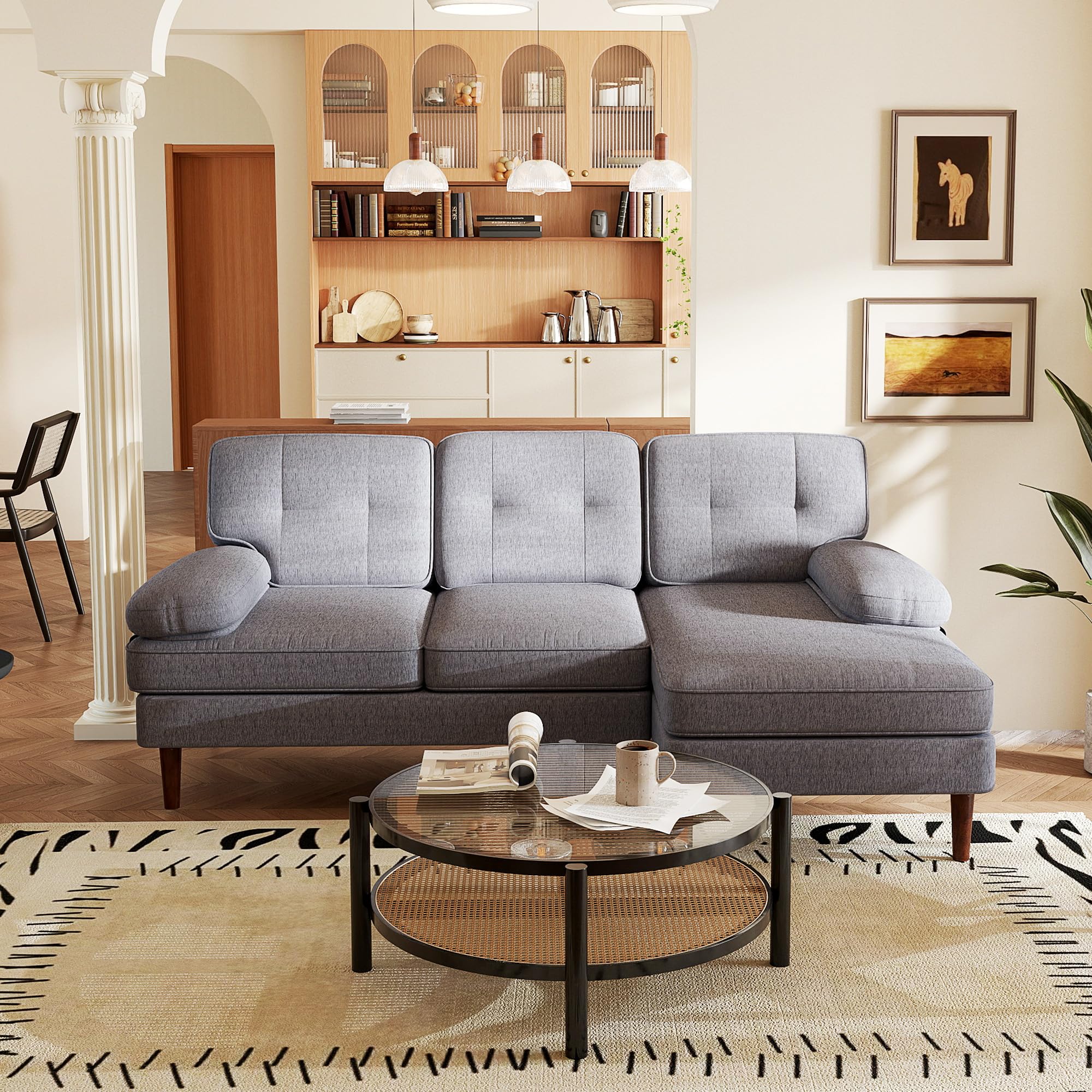 HOMCOM Sofá Esquinero de 3 Plazas Tapizado en Chenilla 215x142x88 cm Gris | Sofá Chaise Longue en Forma de L, Patas de Madera y Reposabrazos, Estilo Moderno, para Salón