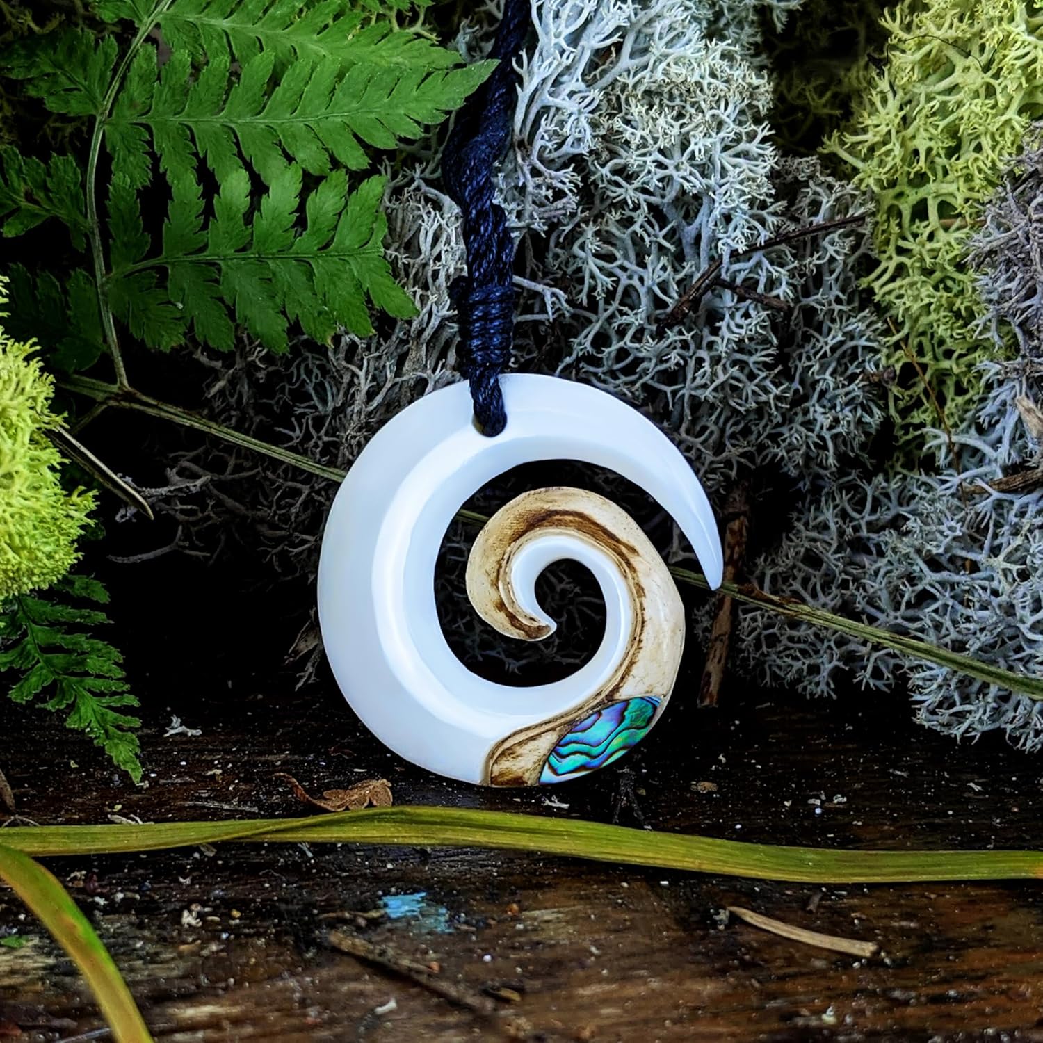 81stgeneration Hand Carved Koru Real Bone Pendant with Genuine Abalone Shell - Black Cord Hawaii Necklace - Maori Style Jewelry - Round Spiral Swirl Surfer Necklace for Men - Natural Accessories - Image 3