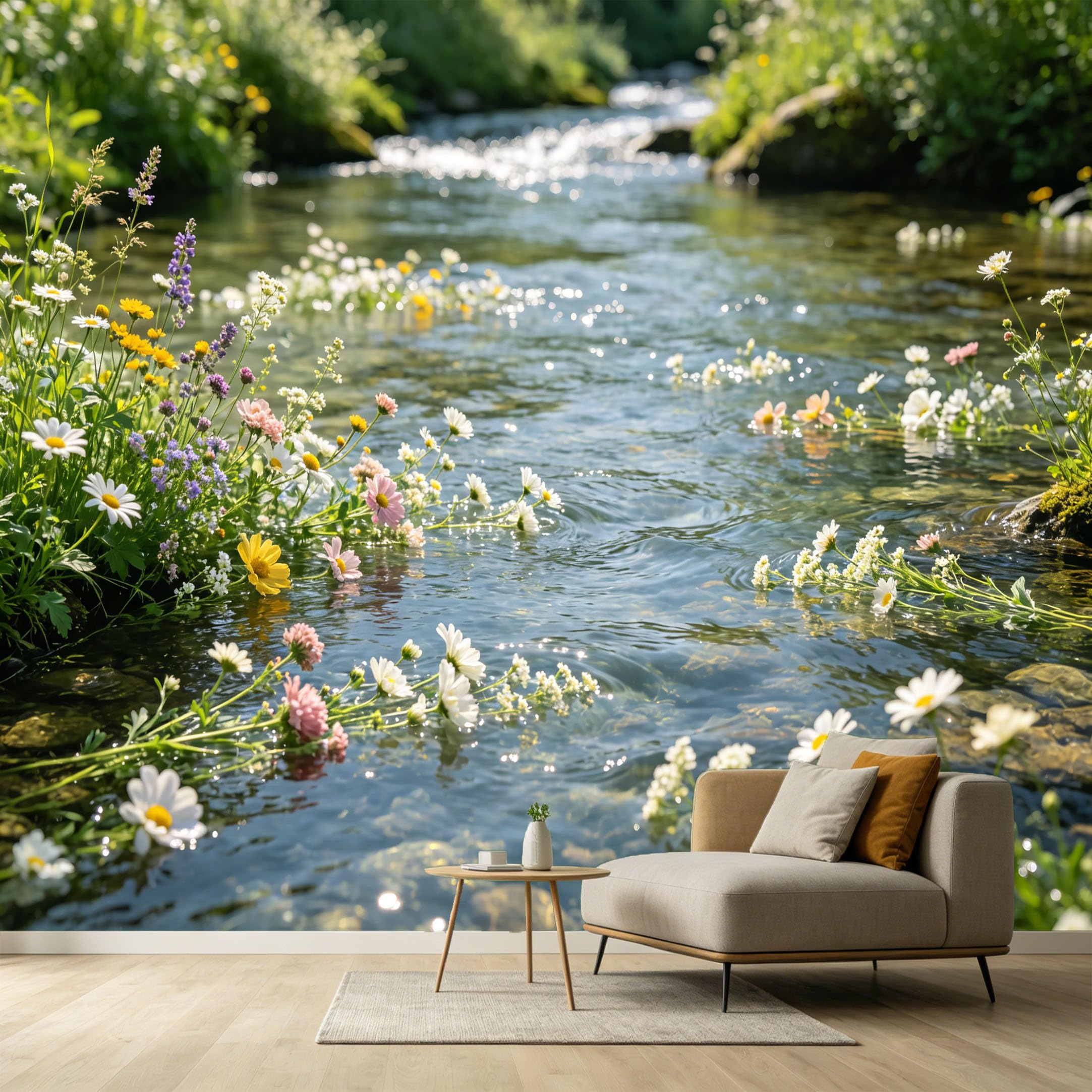 Custom Size Wall Murals Botanical Landscape Stream Wildflowers Watercolor SelfAdhesive Wall Fabric Removable Large Wallpaper for Photo Living Room Interior Decor