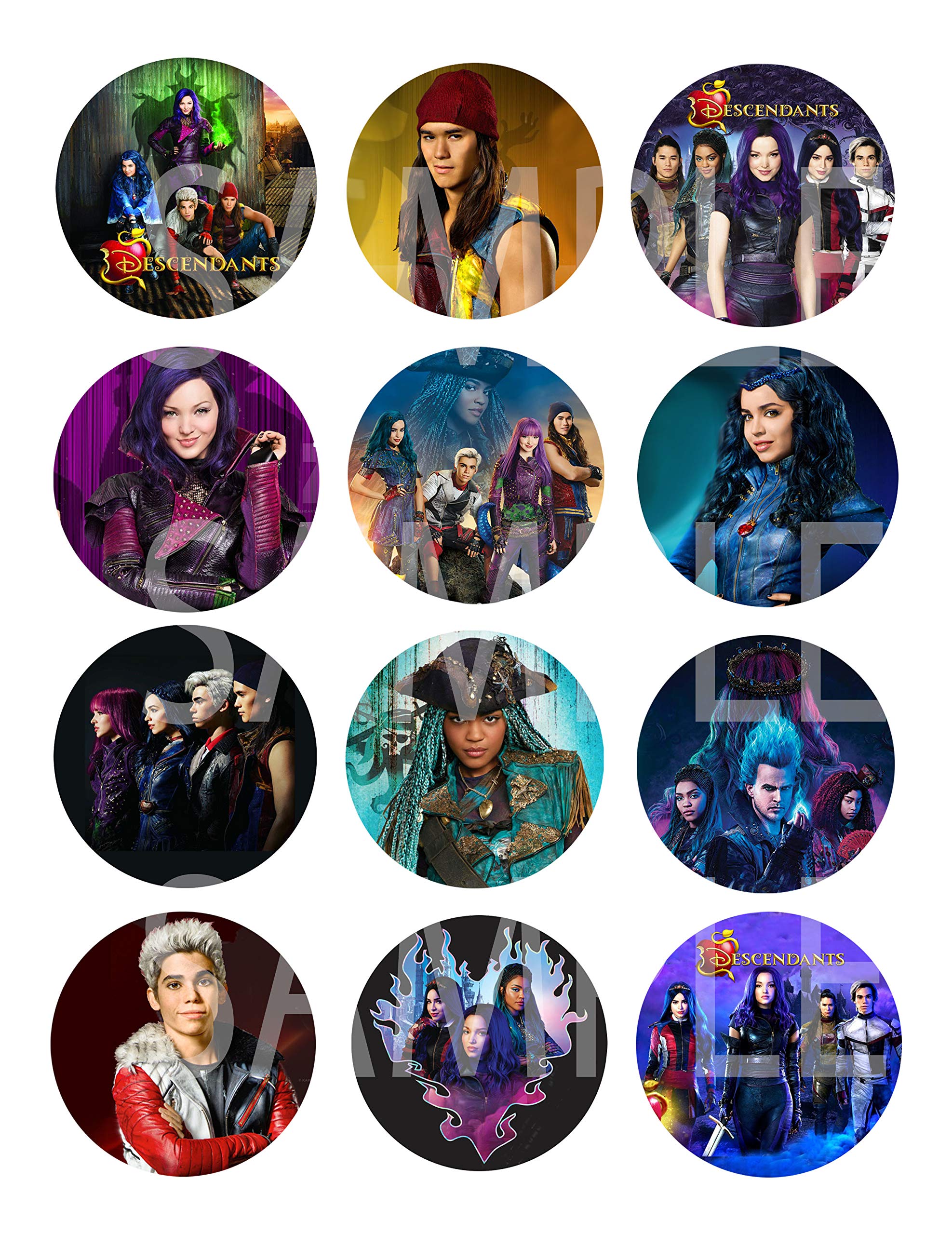 Descendants Stickers, Large 2.5” Round Circle DIY Stickers to Place onto Party Favor Bags, Cards, Boxes or Containers -12 pcs Evie Mal Carlos Audrey Ben Jay Evil Queen Malificent Jafar Cruella De Vil