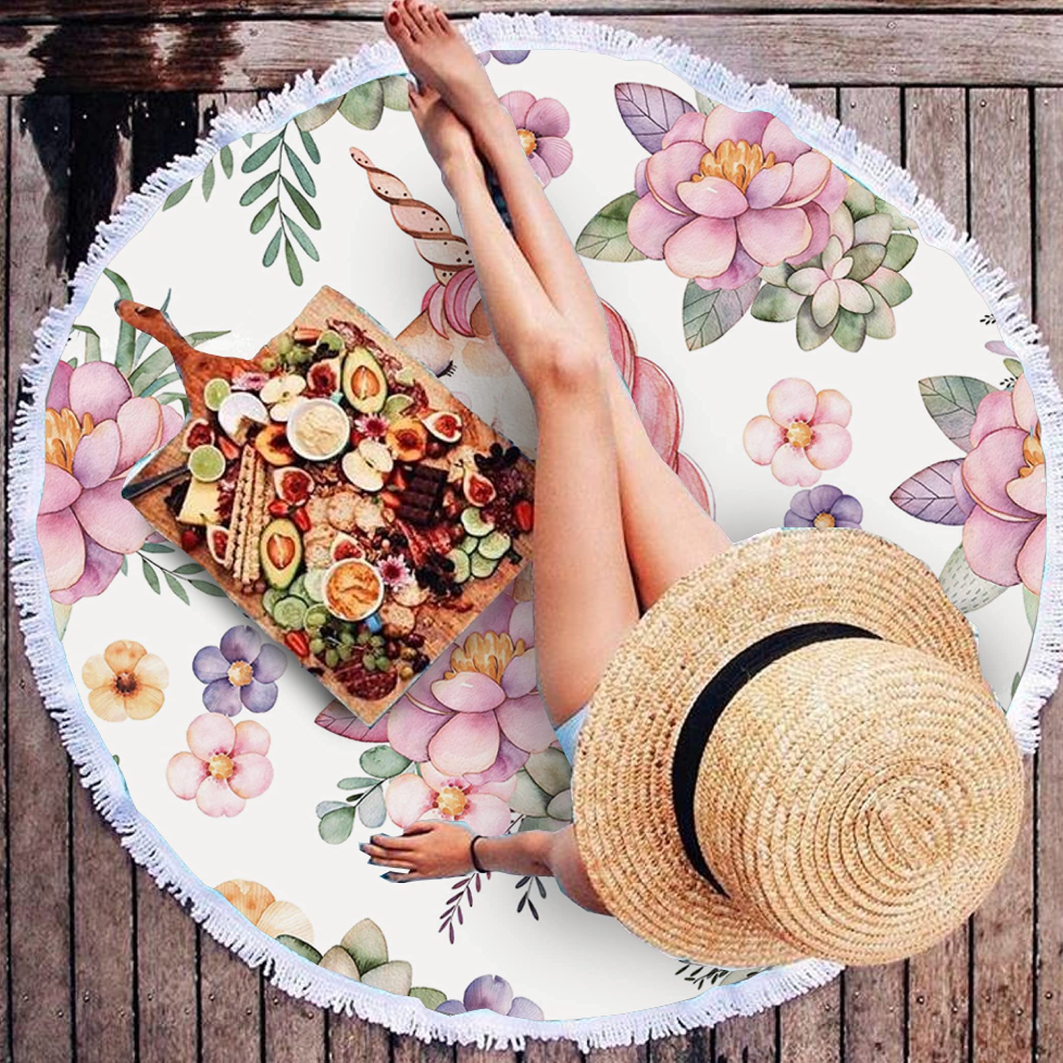 Large Round Microfiber Beach Towel Blanket with Tassels, Soft Absorbent Fast Dry, Comes with Matching Backpack (59''59'')… (Unicorn)