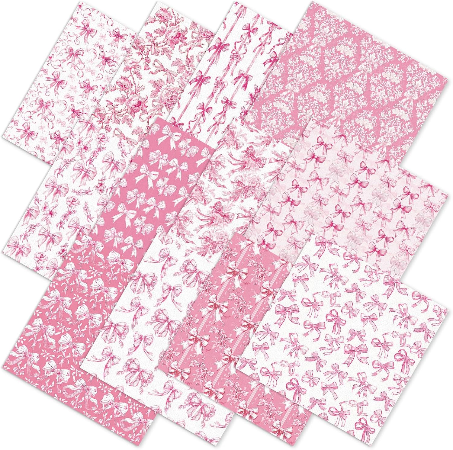 Whaline 12Pcs Pink Bow Rose Cotton Fabric Bundles Chinoiserie Flower Bowknot Fat Quarters Pink White Sewing Fabrics for DIY Handmade Craft Decor, 18 x 22 in