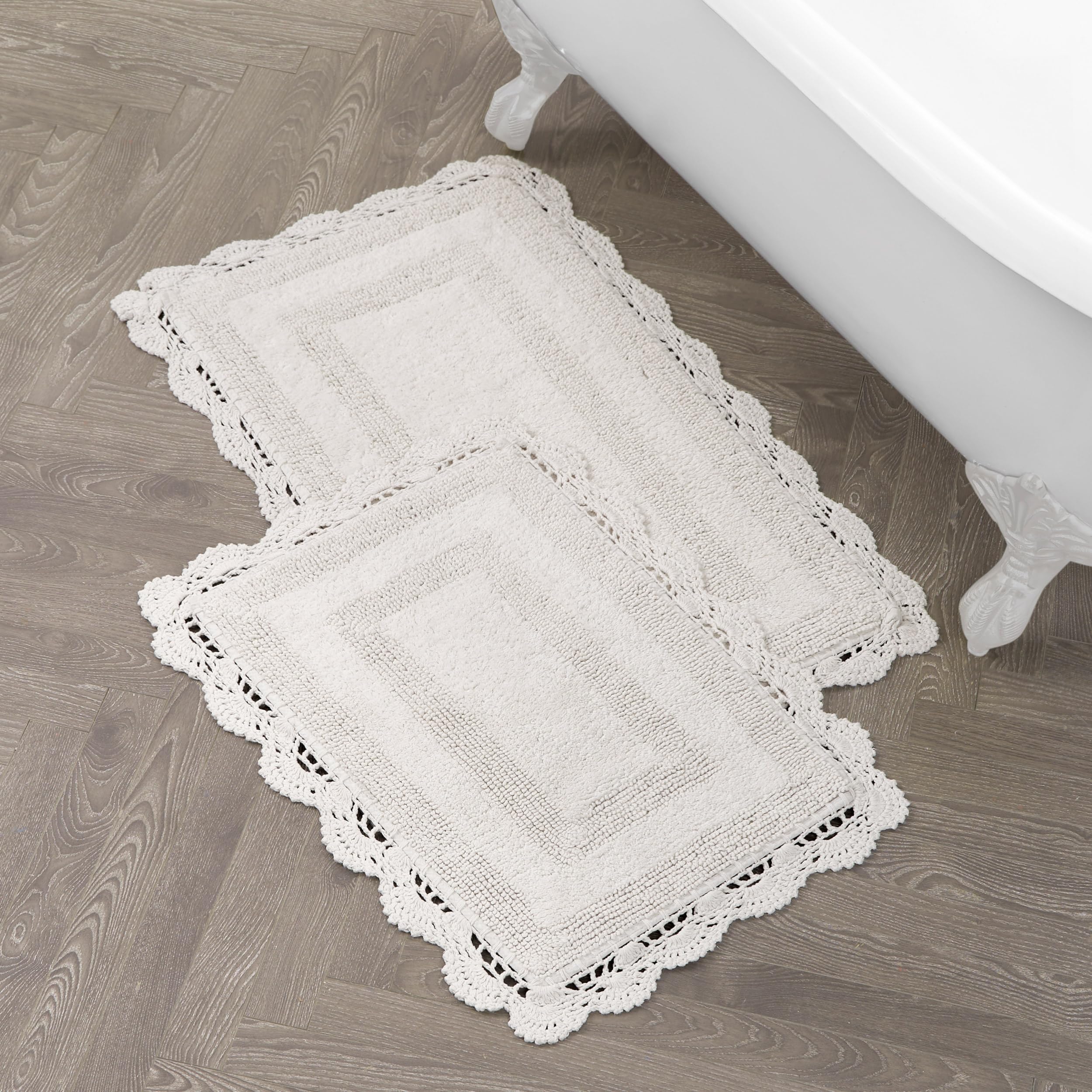 Laura Ashley Ivory Crochet Cotton 17X24/21X34 In. 2-Piece Bath Rug Set,
