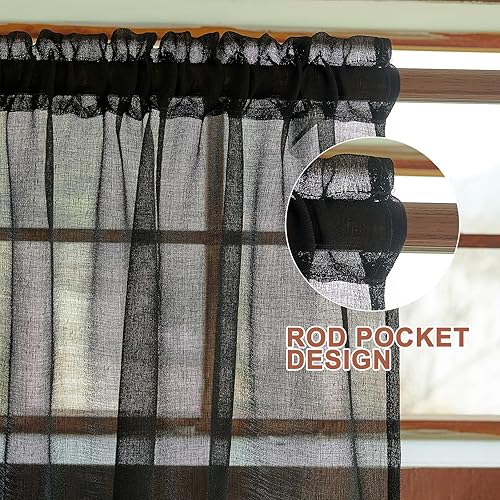 Miniatura 2 de Tony's collection Cortinas traslúcidas negras para media ventana, con bolsillo para barra, cortinas con textura de aspecto de lino, para cocina,
