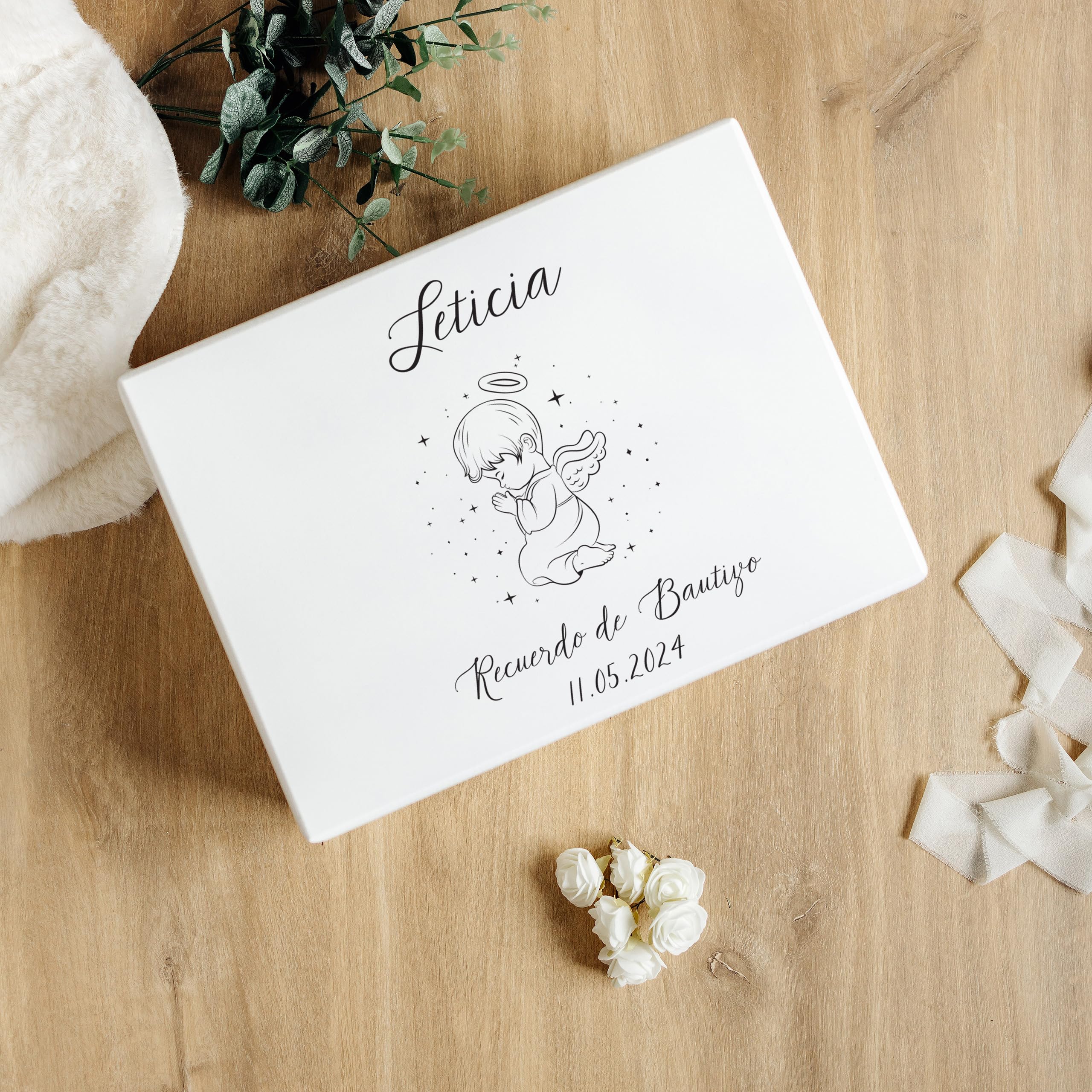 Creative DECO Blanca Caja Regalo Personalizada Bautismo para Niños y Niñas | Caja de Memoria de Madera | Personalizado - Ángel | Impreso | Personalizadas para Niño y Niña | Personalizados