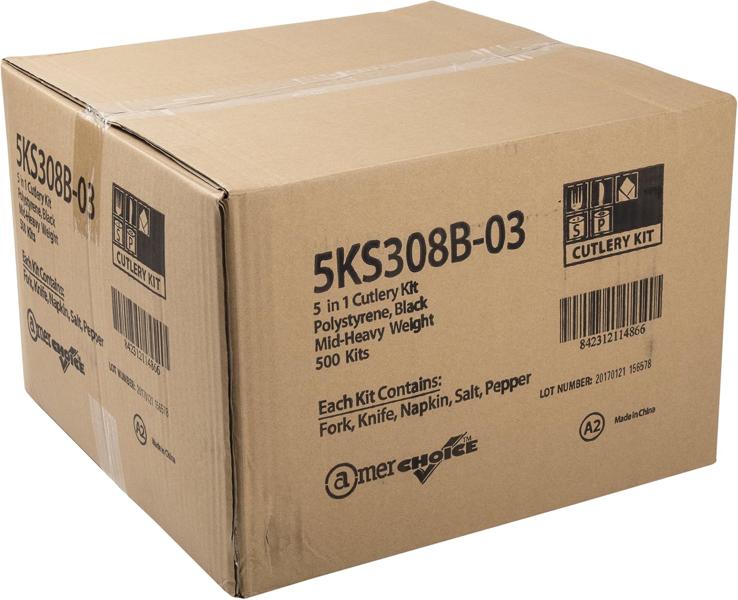 AmerCareRoyal 5-in-1 Disposable Silverware Heavy Duty Plastic Utensil Set with Fork, Knife, Salt & Pepper Packets, 13x17 inch 2-ply Napkin - Individually Wrapped Cutlery Meal Kit, Black, Case of 500