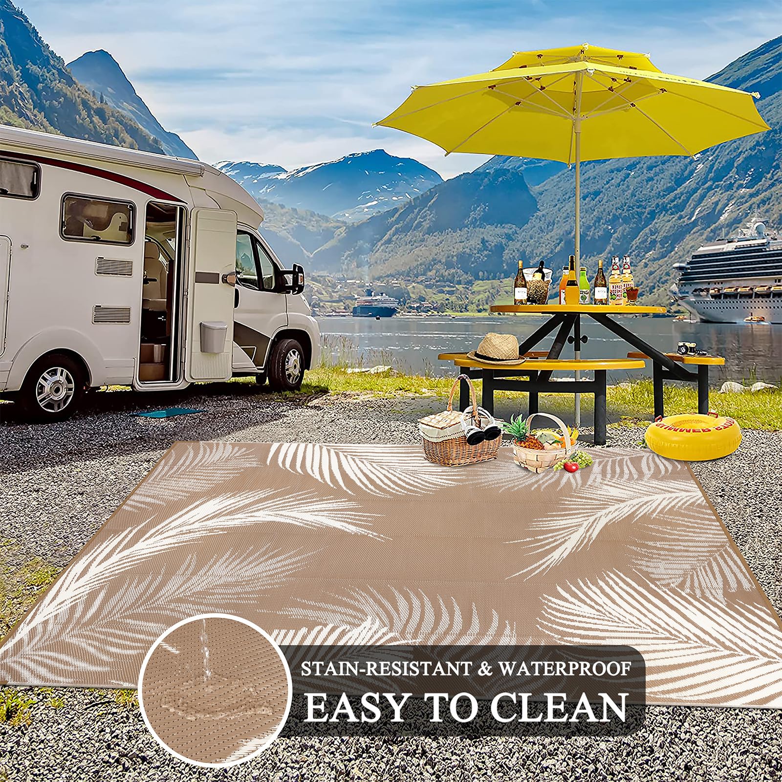 Pauwer Tapis d'extérieur imperméable réversible en paille en plastique, tapis d'extérieur pour patio, camping-car, pique-nique, jardin, terrasse, balcon, porche - 2,4 x 3 m