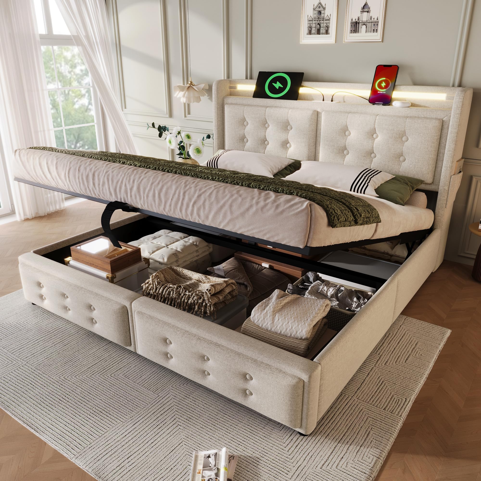 Ball & Cast Upholstered Ottoman Bed with Hydraulic Lift & LED Storage Headboard, 4ft6 Double Bed Frame with USB Type-C Charging, Linen Ottoman Lift Up Upholstered Bed with Storage & Slats, Beige