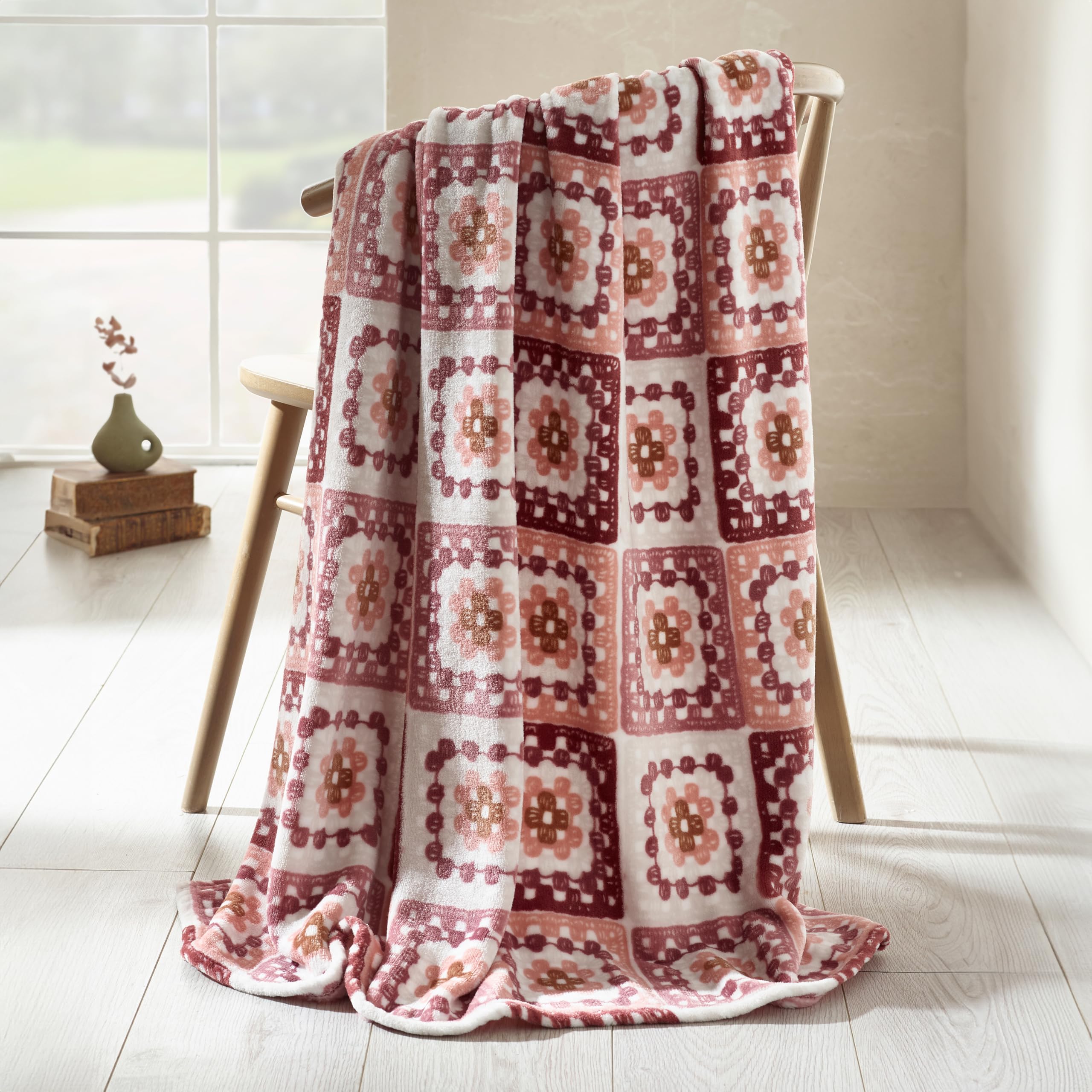 Catherine Lansfield Crochet Print 130x170cm Blanket Throw Pink โ image 1