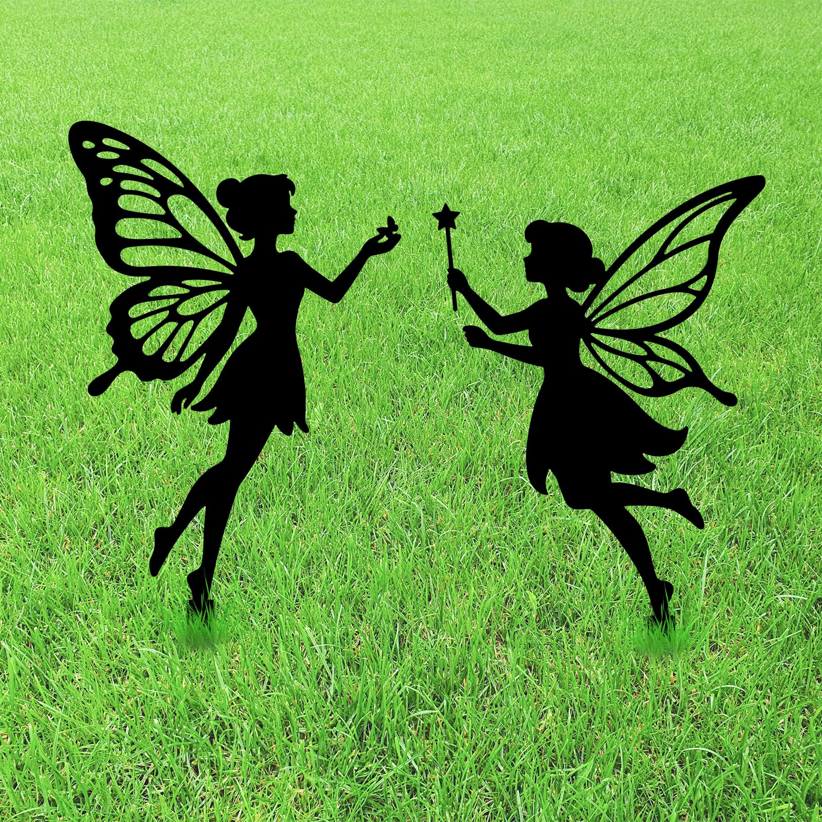 GLOBLELAND 2pcs Fairy Elves Metal Garden Stakes Magic Elf Decorative Yard Stakes Spring Trees Metal Outdoor Art Decor for Yard Patio Lawn Walkway Ornament