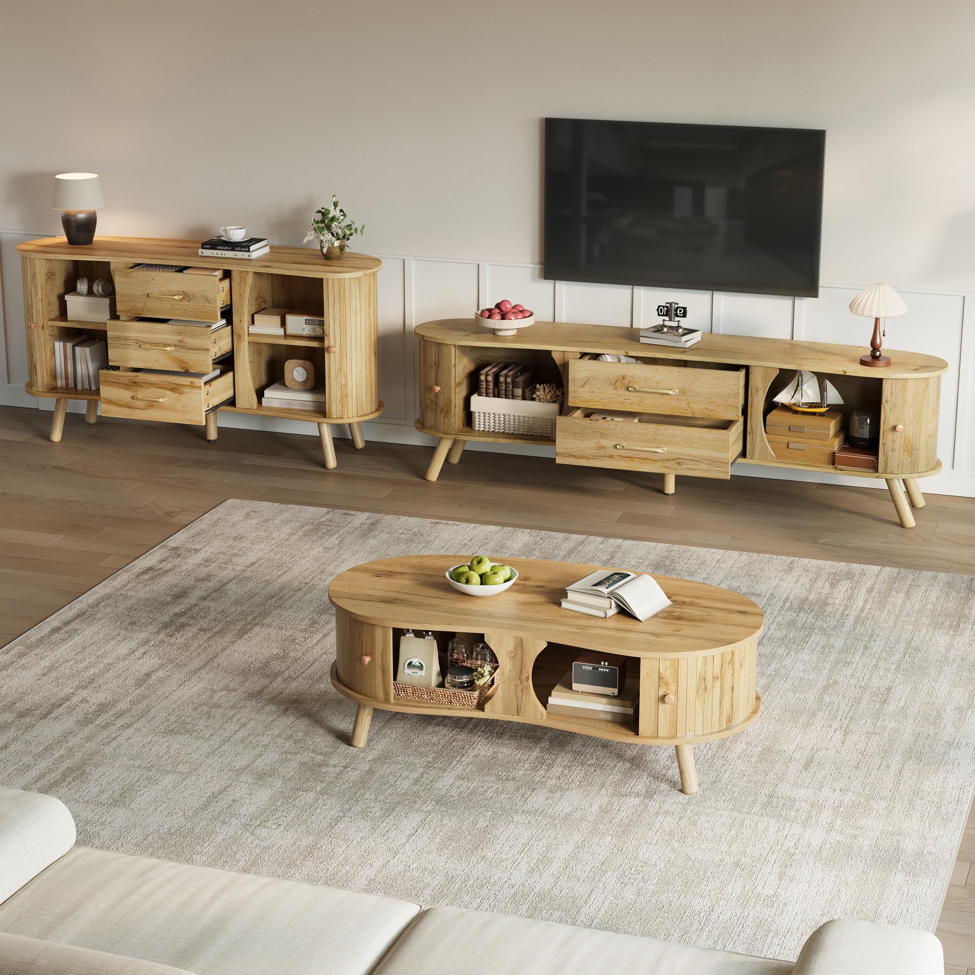 Ensemble de salon 3 pièces de style japonais avec meuble TV bas buffet et table basse en forme de pois organique avec portes coulissantes aspect bois avec pieds en bois massif chêne naturel