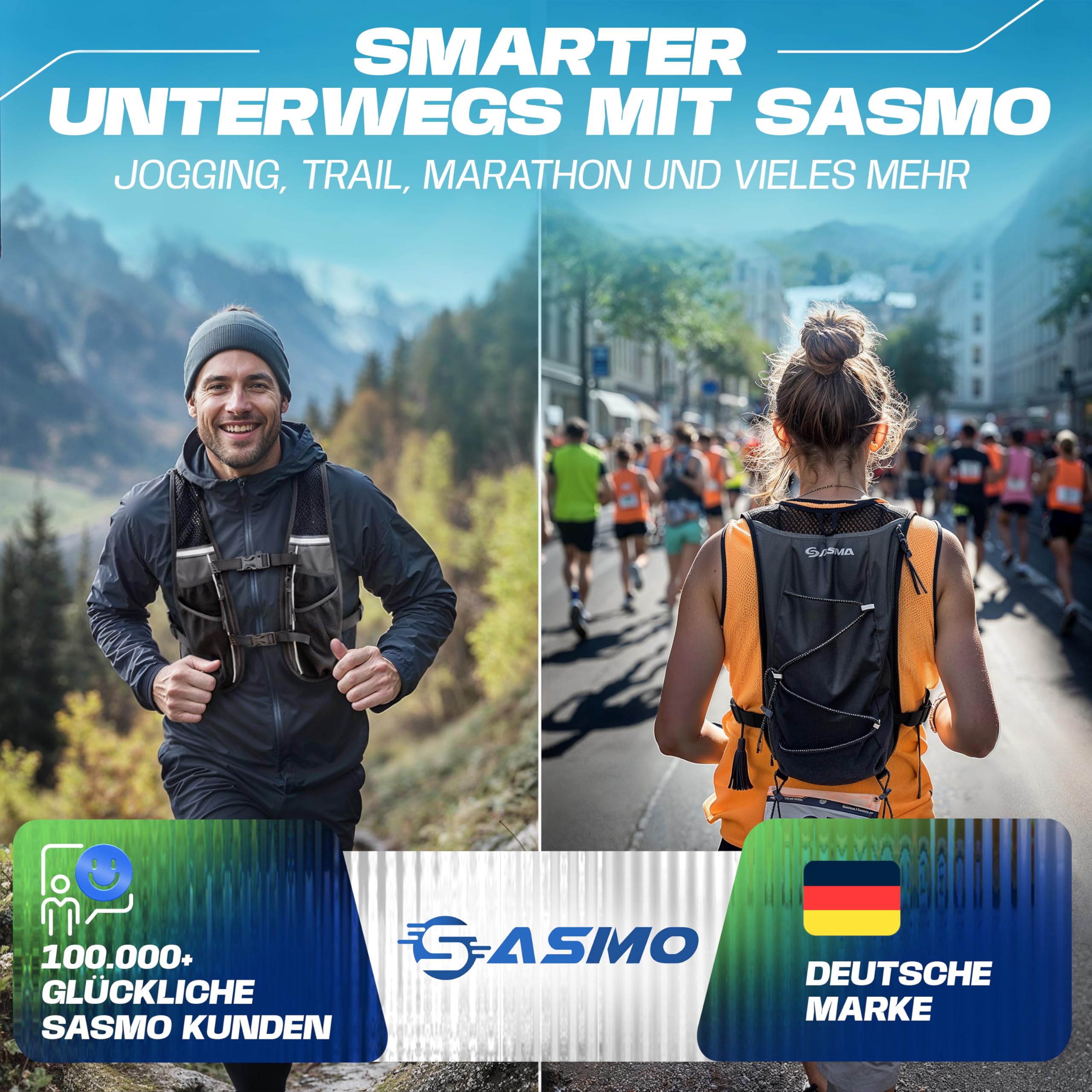 SASMO® Gilet de course pour homme et femme 5 l/2 l - Ultra léger et respirant - Sac à dos de course pour femme - 8 poches - Gilet de course pour homme - Gilet d'hydratation pour la course à pied