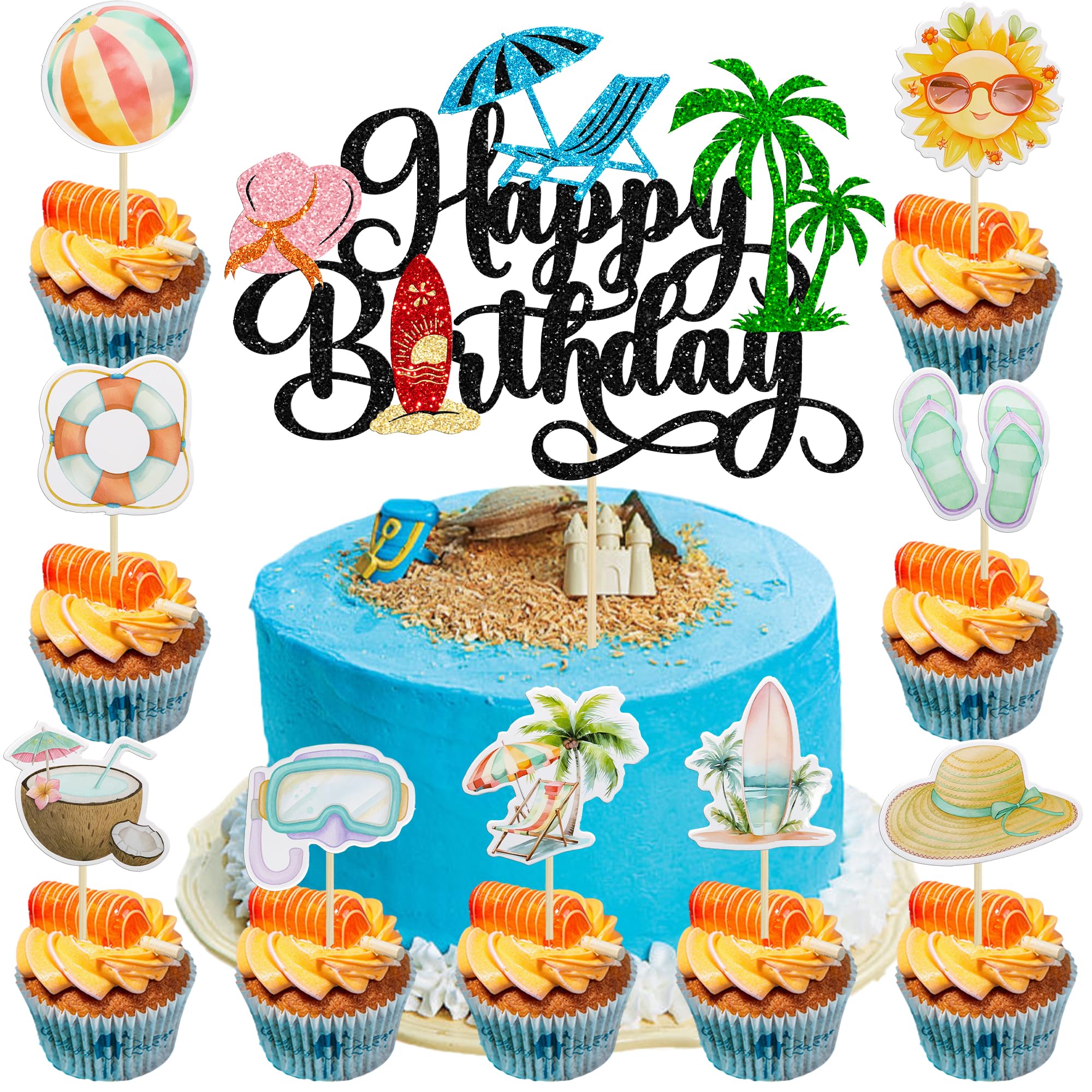 Gyufise 37Pcs Summer Beach Pool Cupcake Toppers Glitter Beach Happy Birthday Cake Topper Ball Sun Umbrella Water Gun Cupcake Picks for Tropical Hawaii Theme Birthday Party Decorations Supplies Black