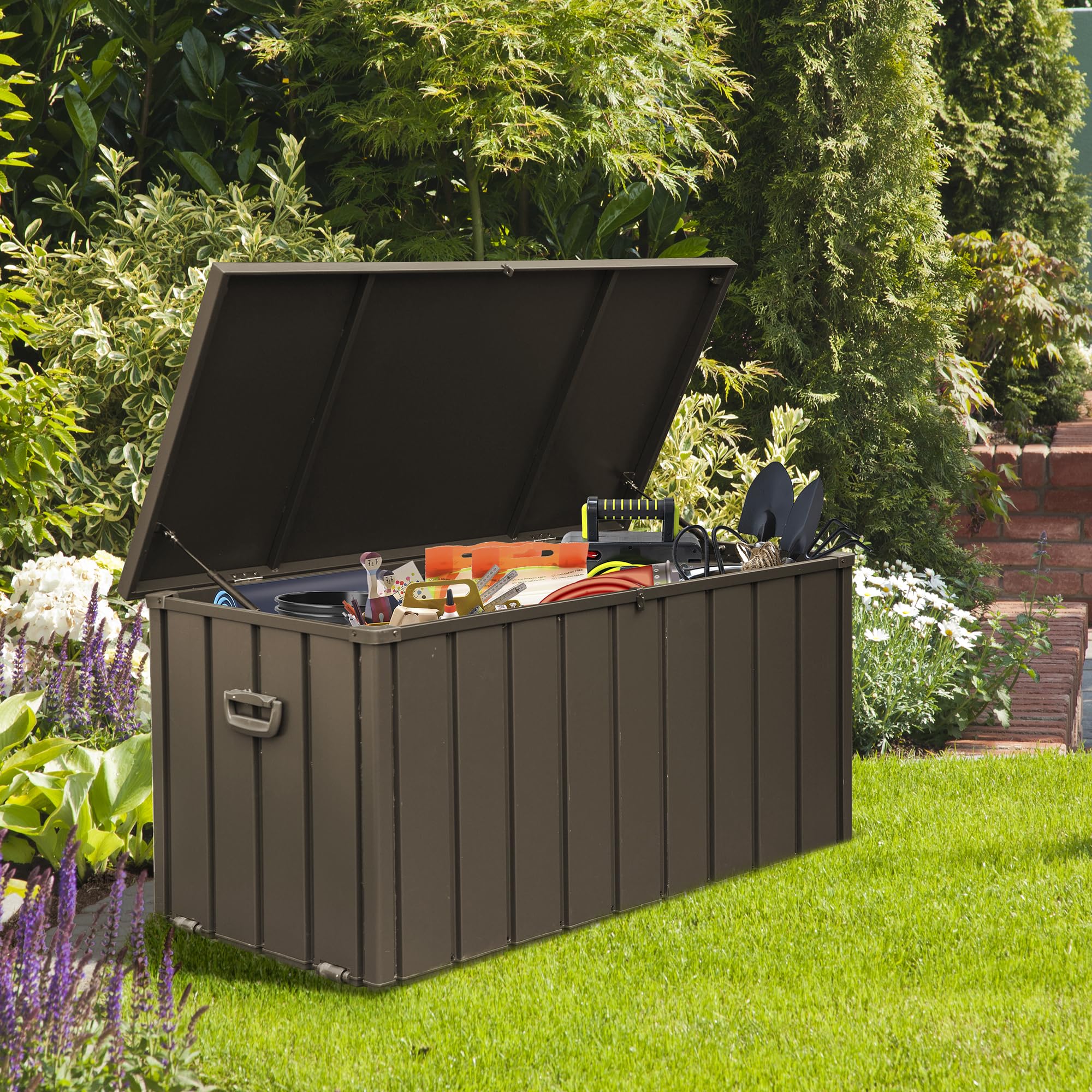 Domi 100 Gallon Deck Box Outdoor Storage Box, Lockable Storage Cabinet Deck Box Outdoor Waterproof, Large Metal Storage Bin for Patio Furniture