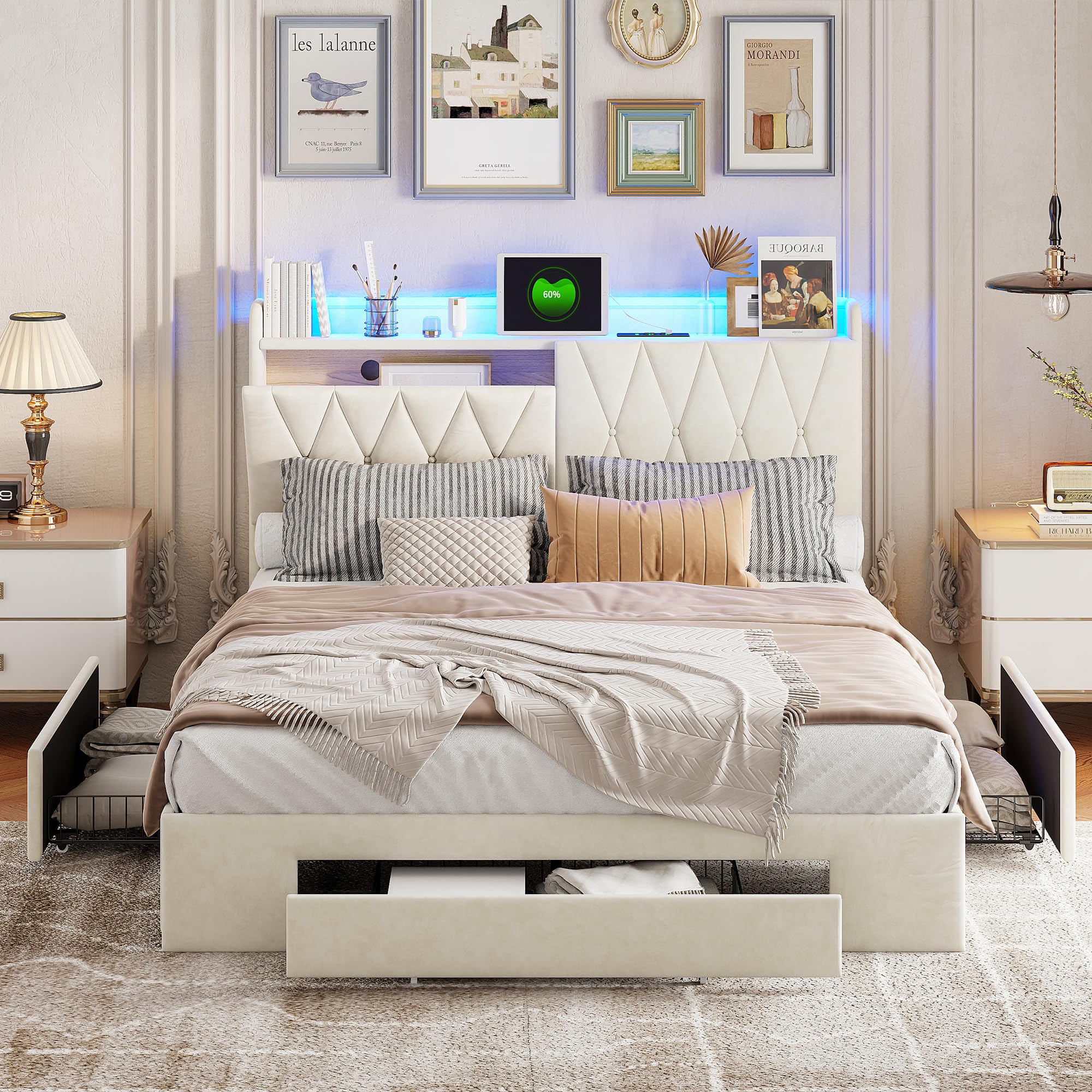 Letto imbottito 160 x 200 cm con LED, letto matrimoniale con 3 cassetti e rete a doghe, testiera con vano portaoggetti e funzione di ricarica USB, letto funzionale per ragazzi, in velluto