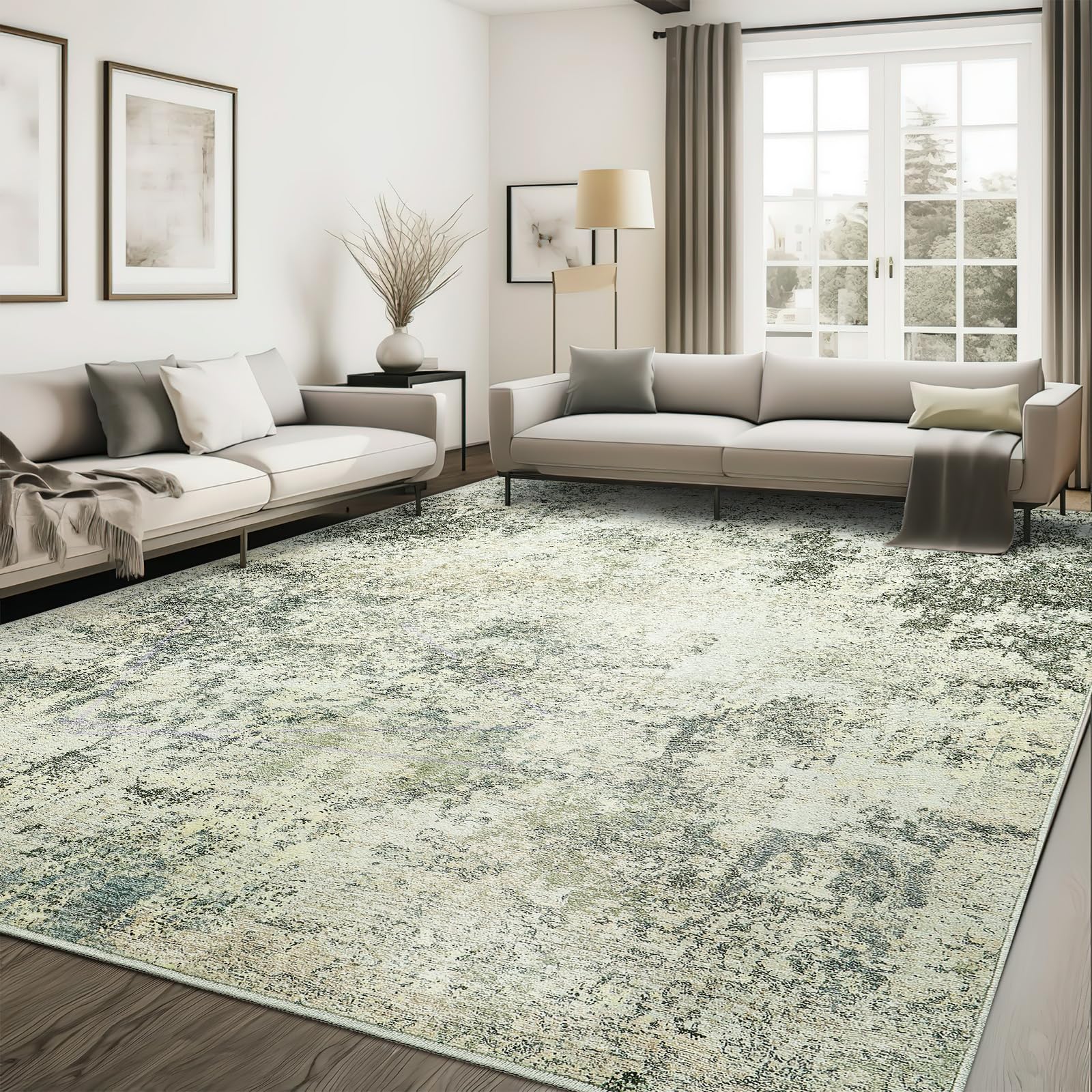 8x10 Area Rugs, Washable Rugs 8x10, Modern Foldable Abstract Area Rug, Living Room Rugs 8x10, Large Home Decor Ultra-Thin Area Rug with Anti Slip Backing (Green/Grey, 8'x10')