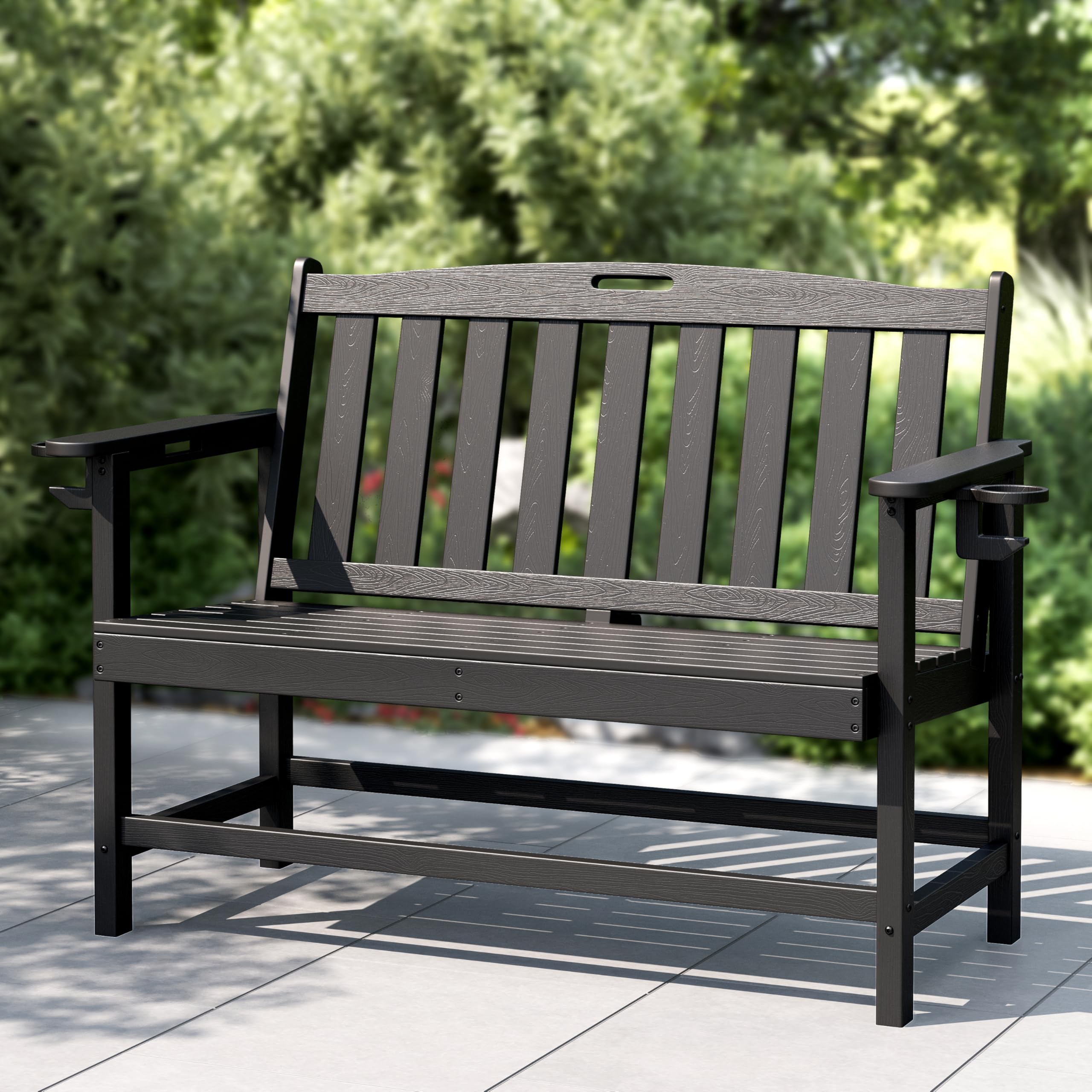 PHI VILLA Gartenbank Wetterfest aus HDPE Bank Outdoor mit 318 kg Tragfähigkeit für 2-3 Sitzer Sitzbank für Terrasse, Park, Garten und Veranda Schwarz