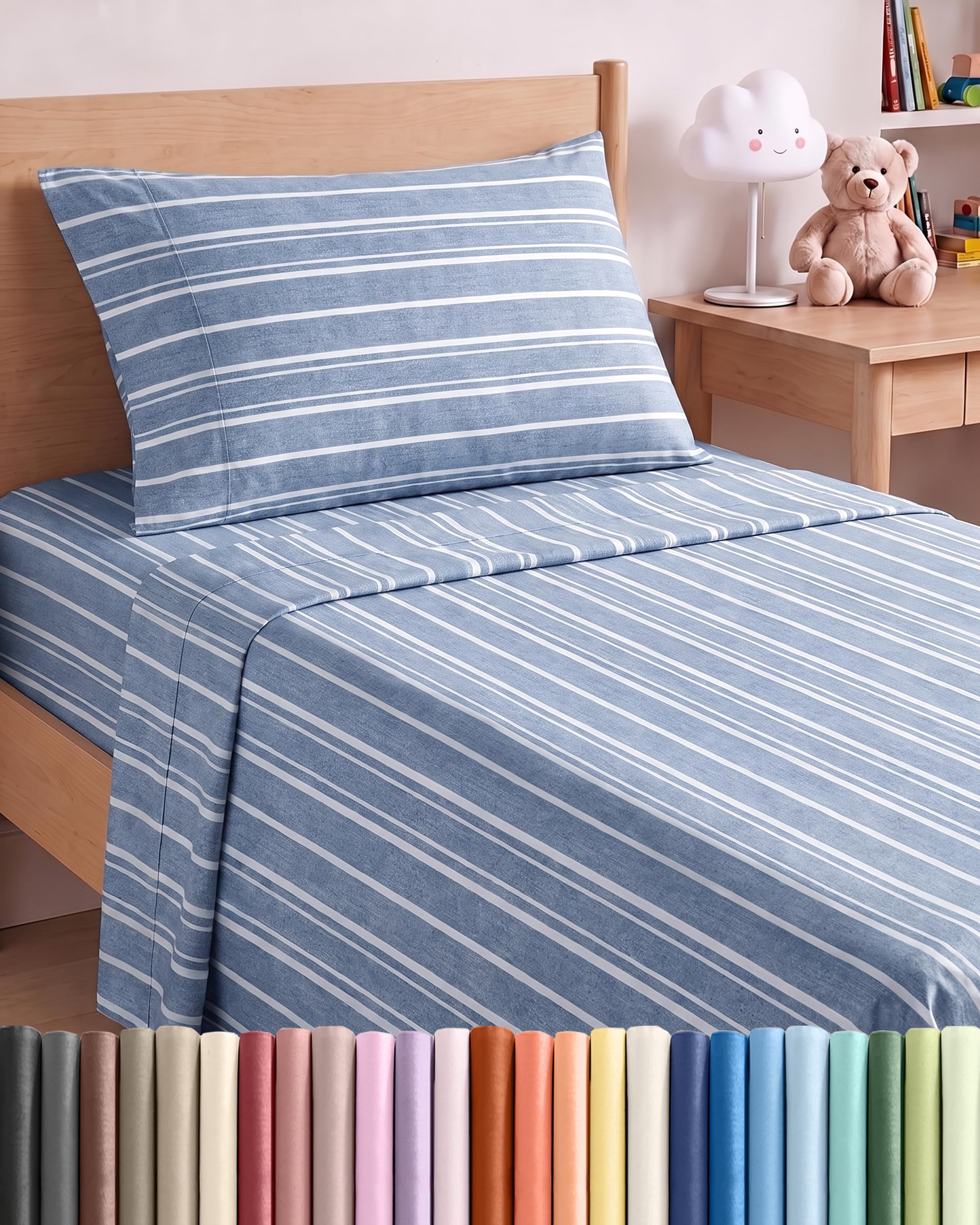 Twin Size 3 Piece Sheet Set - Breathable &amp; Cooling Sheets - Blue Stripes