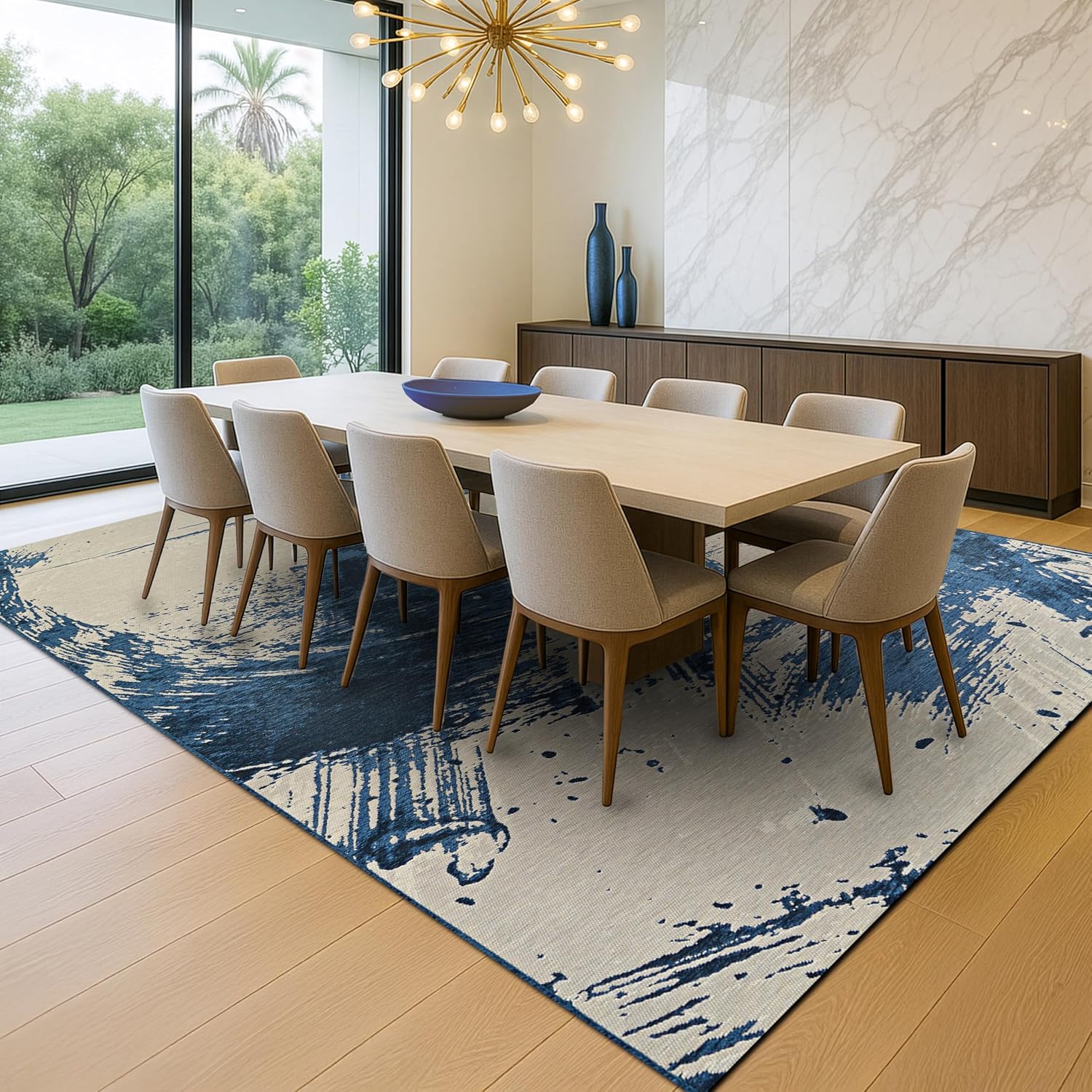 Couristan Abstract 5x8 Indoor Outdoor Area Rug - Blue and White Brushstroke Pattern, Flatwoven Poly-Chenille, Stain Resistant, Low Maintenance, Pet-Friendly Room Decor for Living Rooms or Entryways