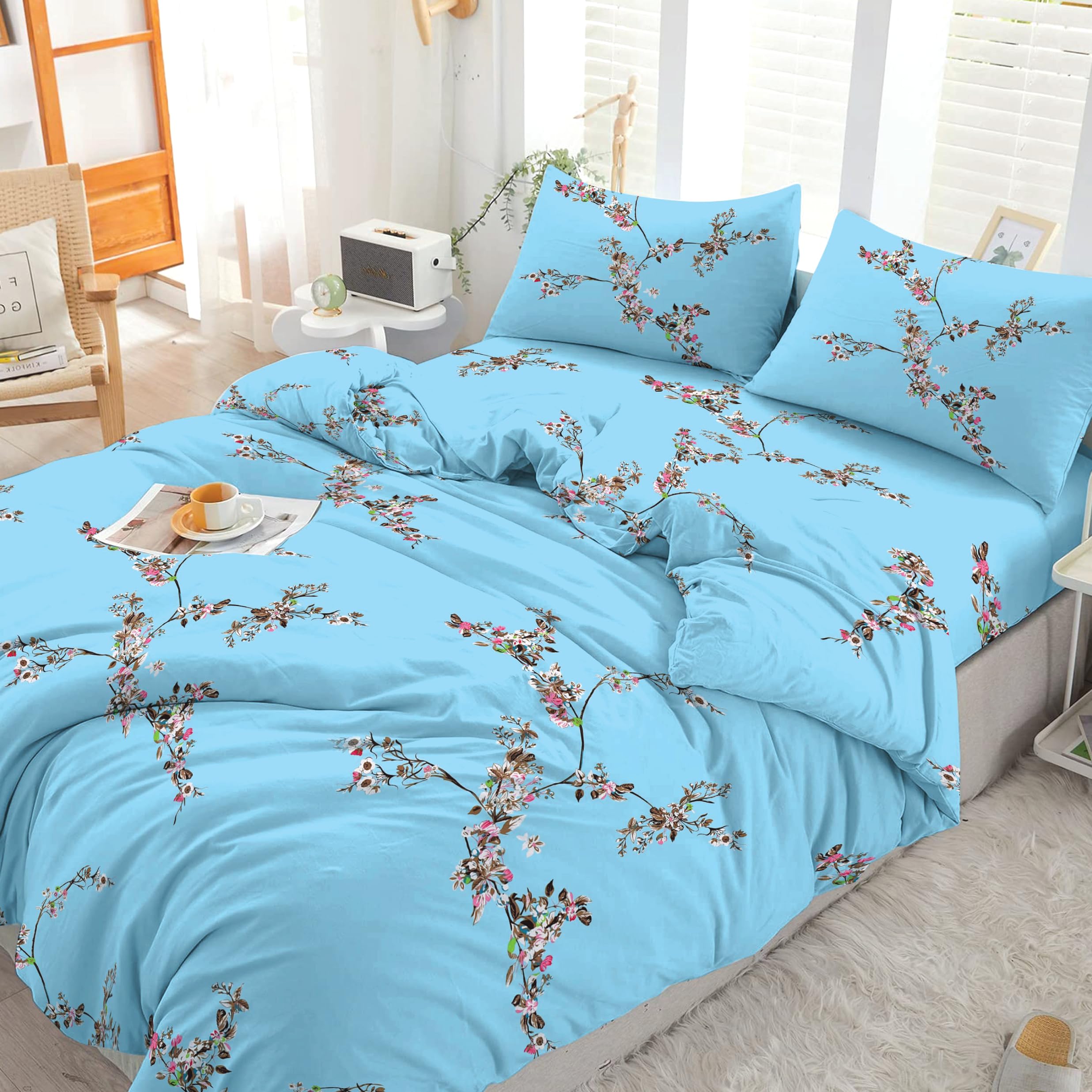 3PCS King Size Duvet Cover Set 100% Egyptian Cotton Bedding King Size Bed Set 400 Thread Count Floral Printed Sky Blossom Duvet Cover King with Pillow Cases 2 Pack