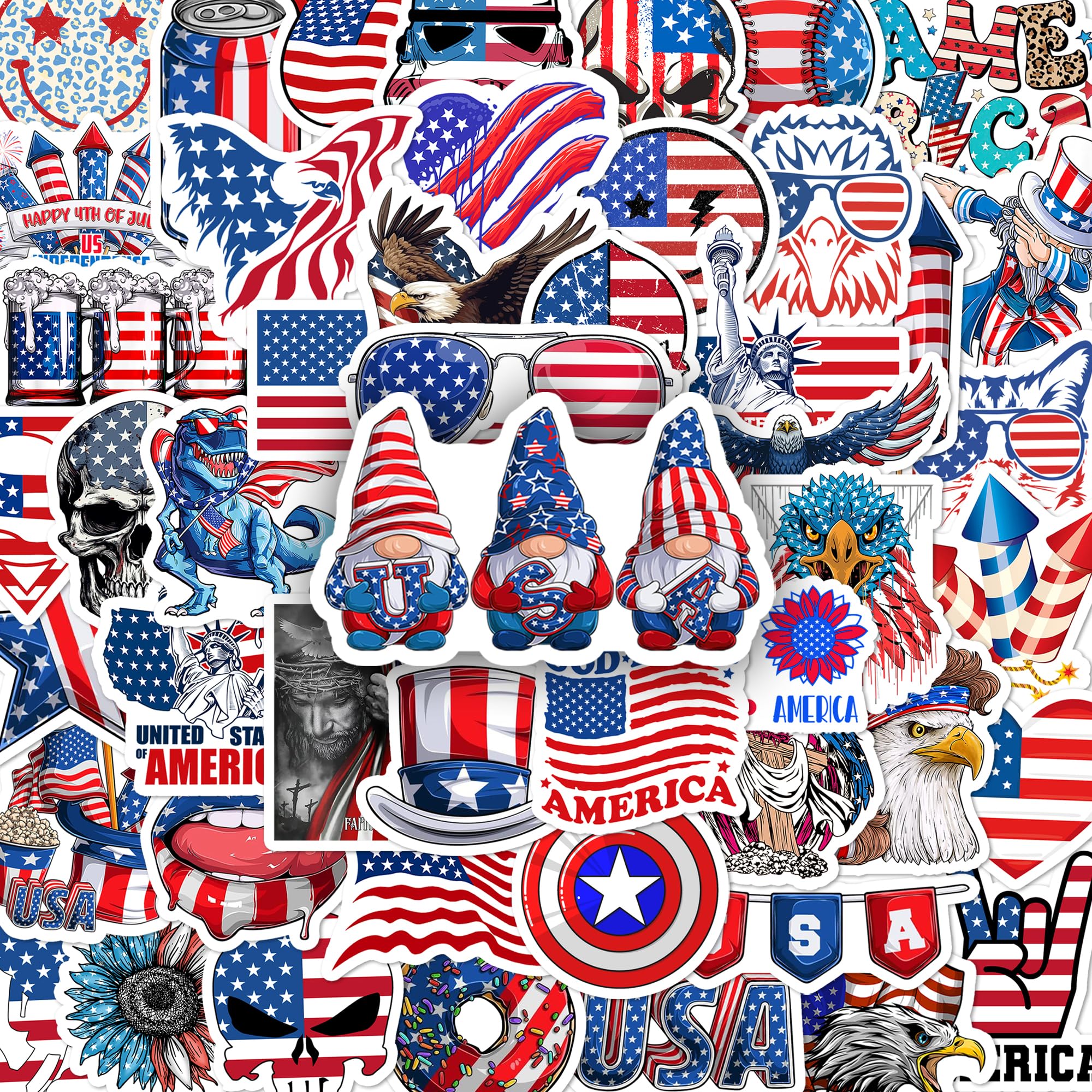BEATRI Adesivo 4 luglio USA 50 pezzi adesivi patriottici americani in vinile impermeabile per bottiglie d'acqua decalcomanie per laptop adesivi decorazione laptop, skateboard
