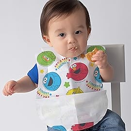 Bibsters, Sesame Street Large Disposable Bibs with Patented Crumb-Catcher, Leakproof Liner, and Reusable Fastener, Ages 6+ Months, 32 count