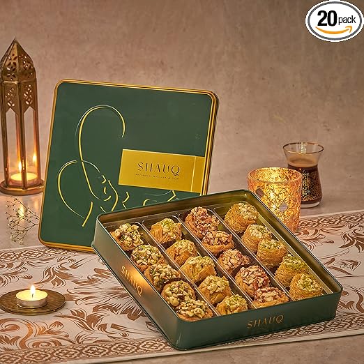 SHAUQ Baklava Beauty Tin | 440g | Assorted Pyramid Baklava, Finger Baklava, Cashew Square Baklava Sweet with Fresh Ghee, Nuts and Honey | Indian Sweets, Turkish Delights | Bhai dooj Gifting
